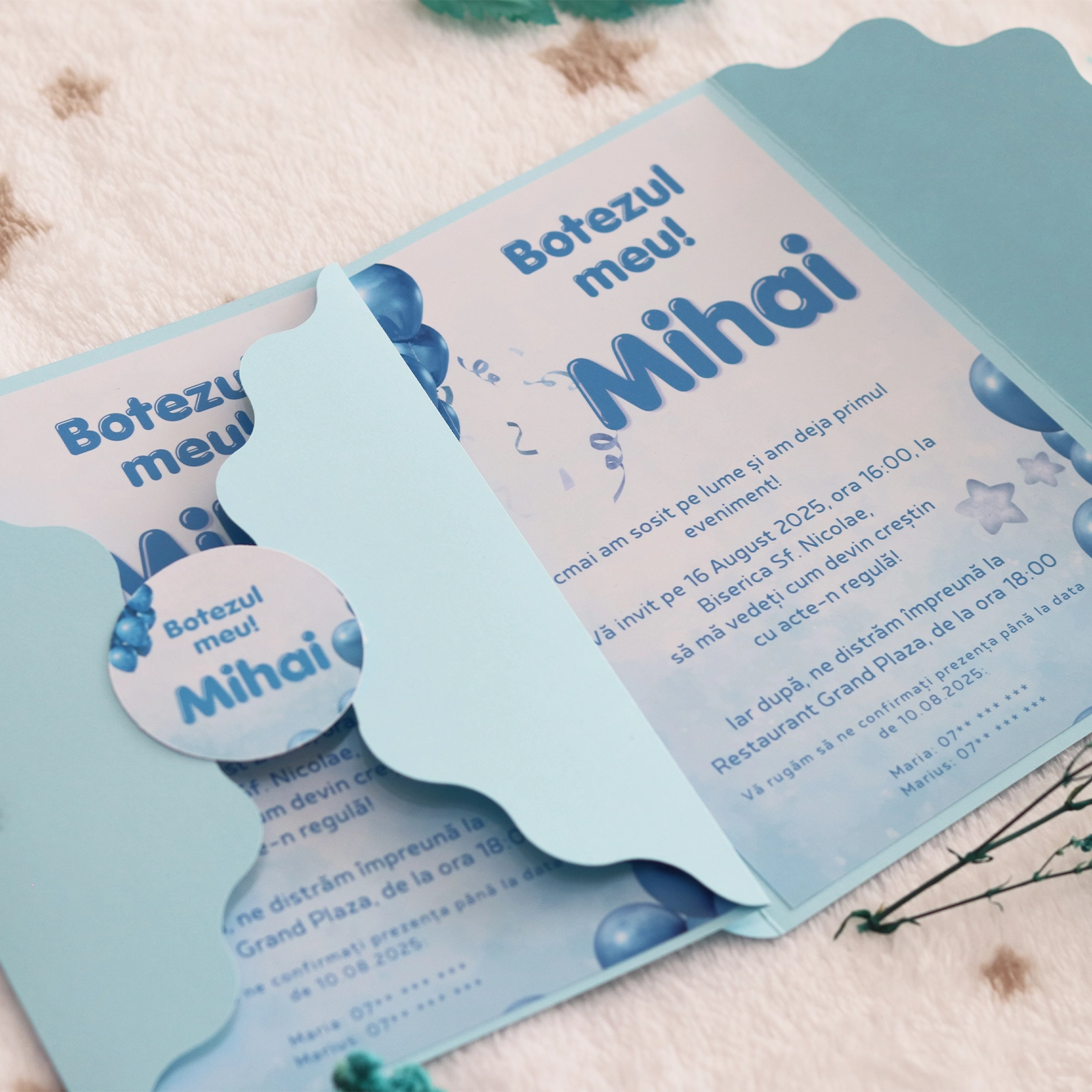Invitație botez cu baloane și plic albastru [3]