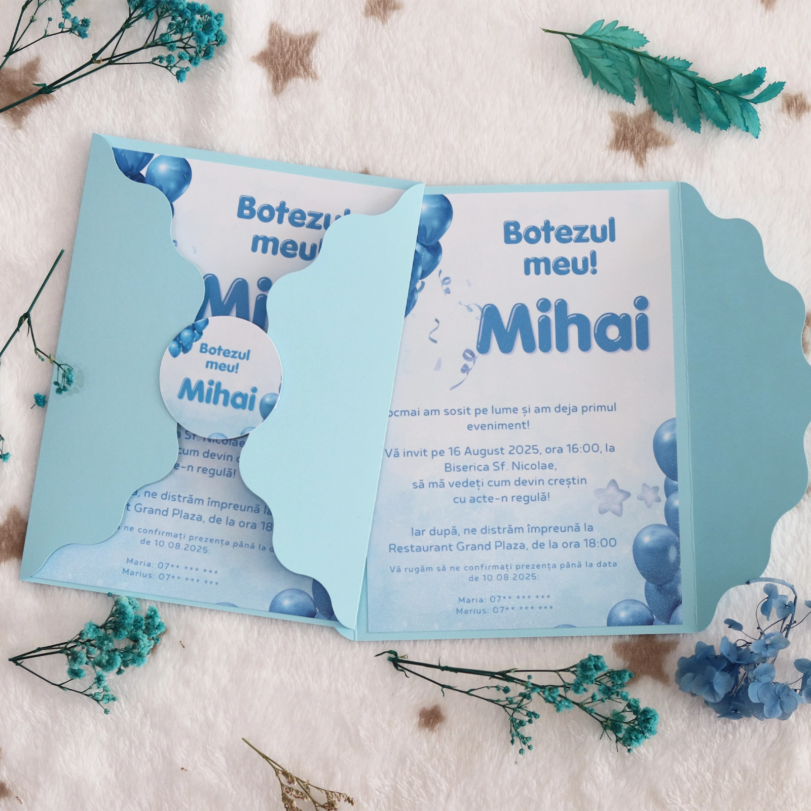 Invitații botez - Invitație botez cu baloane și plic albastru