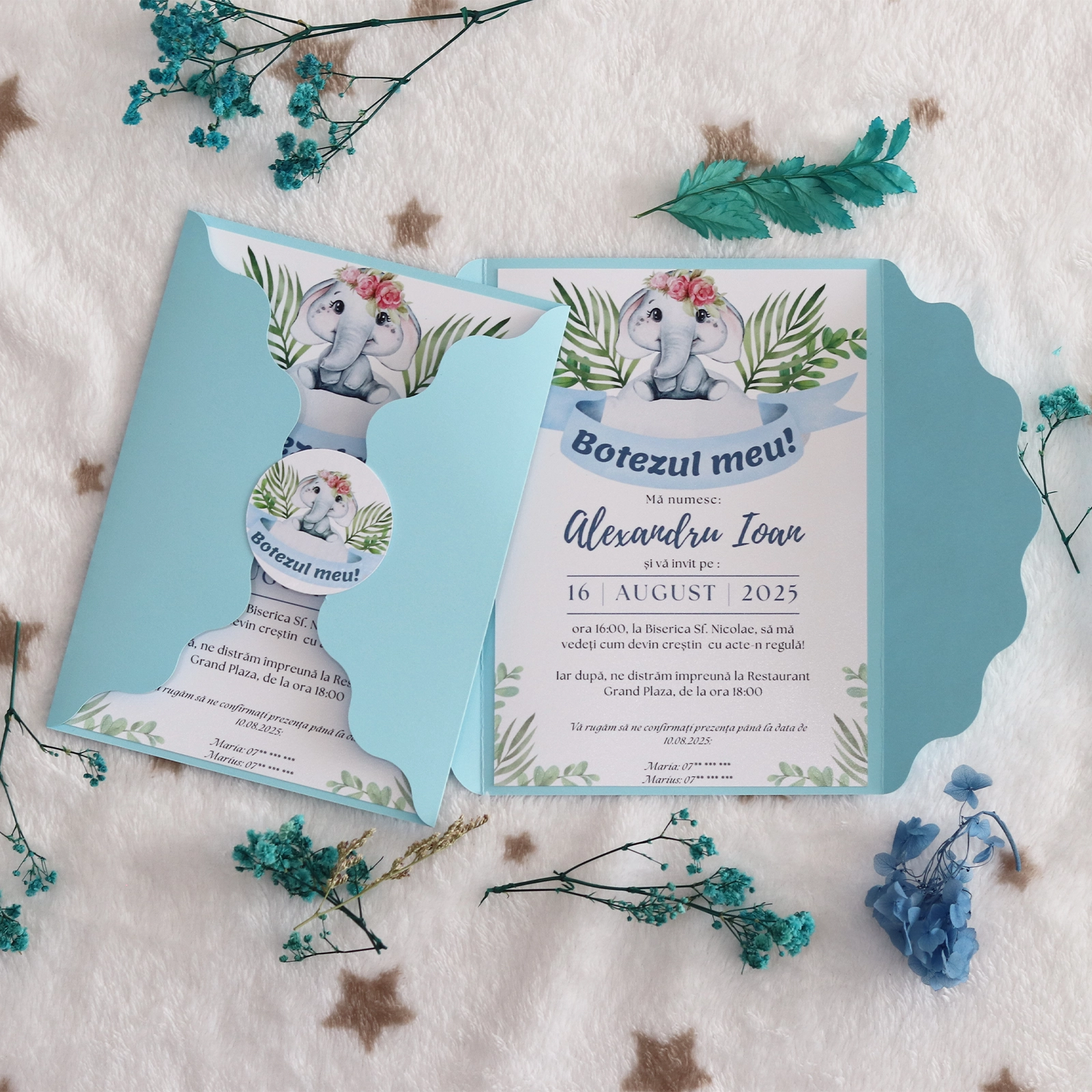 Invitații botez - Invitație botez cu elefant și plic albastru