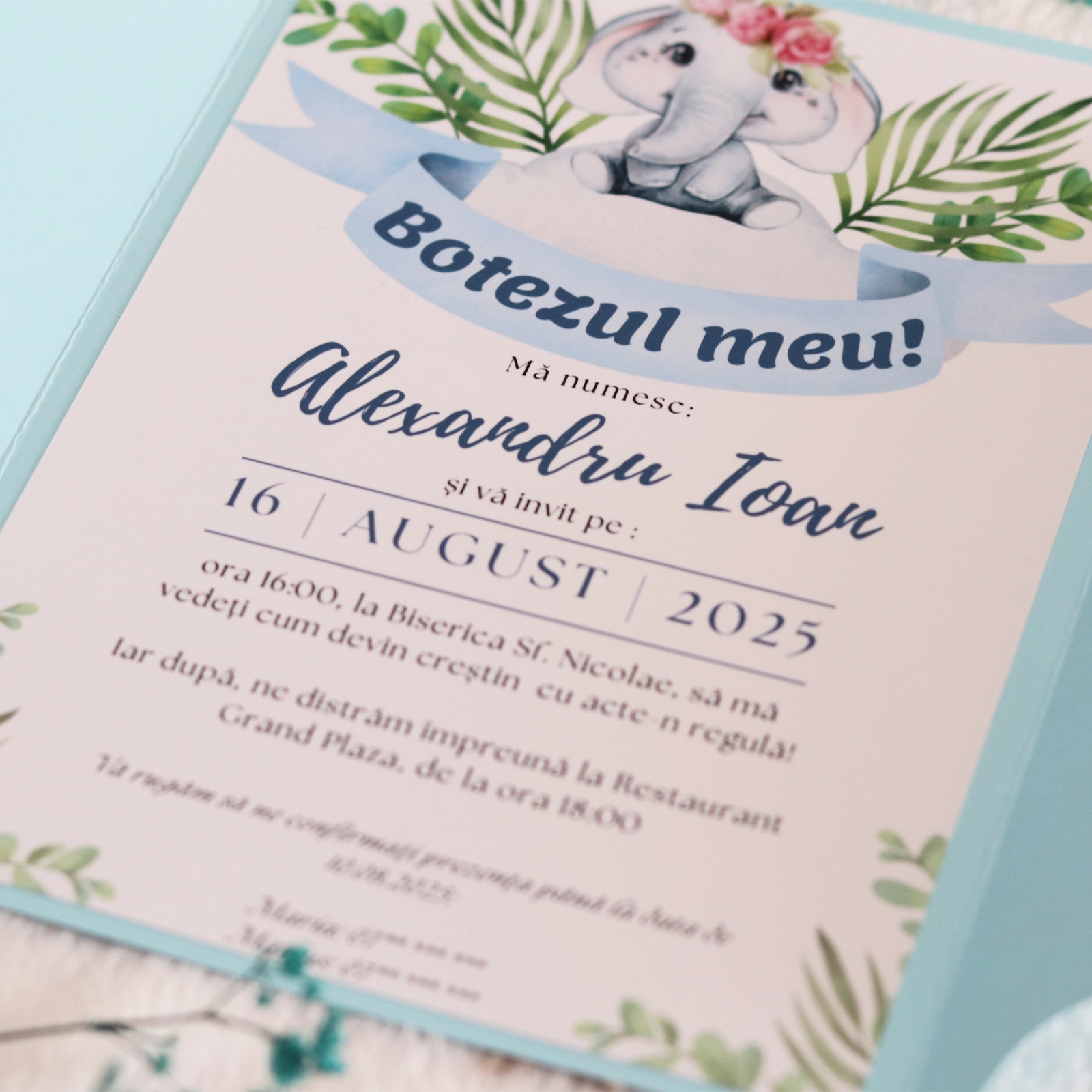 Invitație botez cu elefant și plic albastru [5]