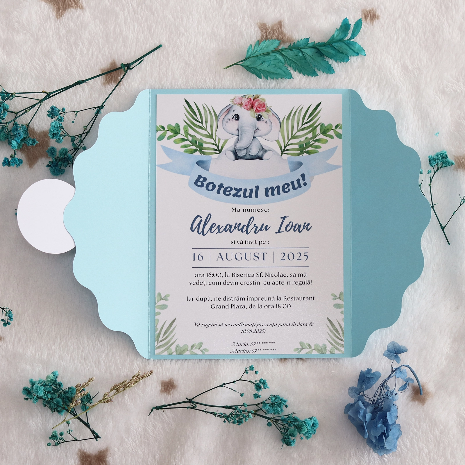 Invitație botez cu elefant și plic albastru [4]