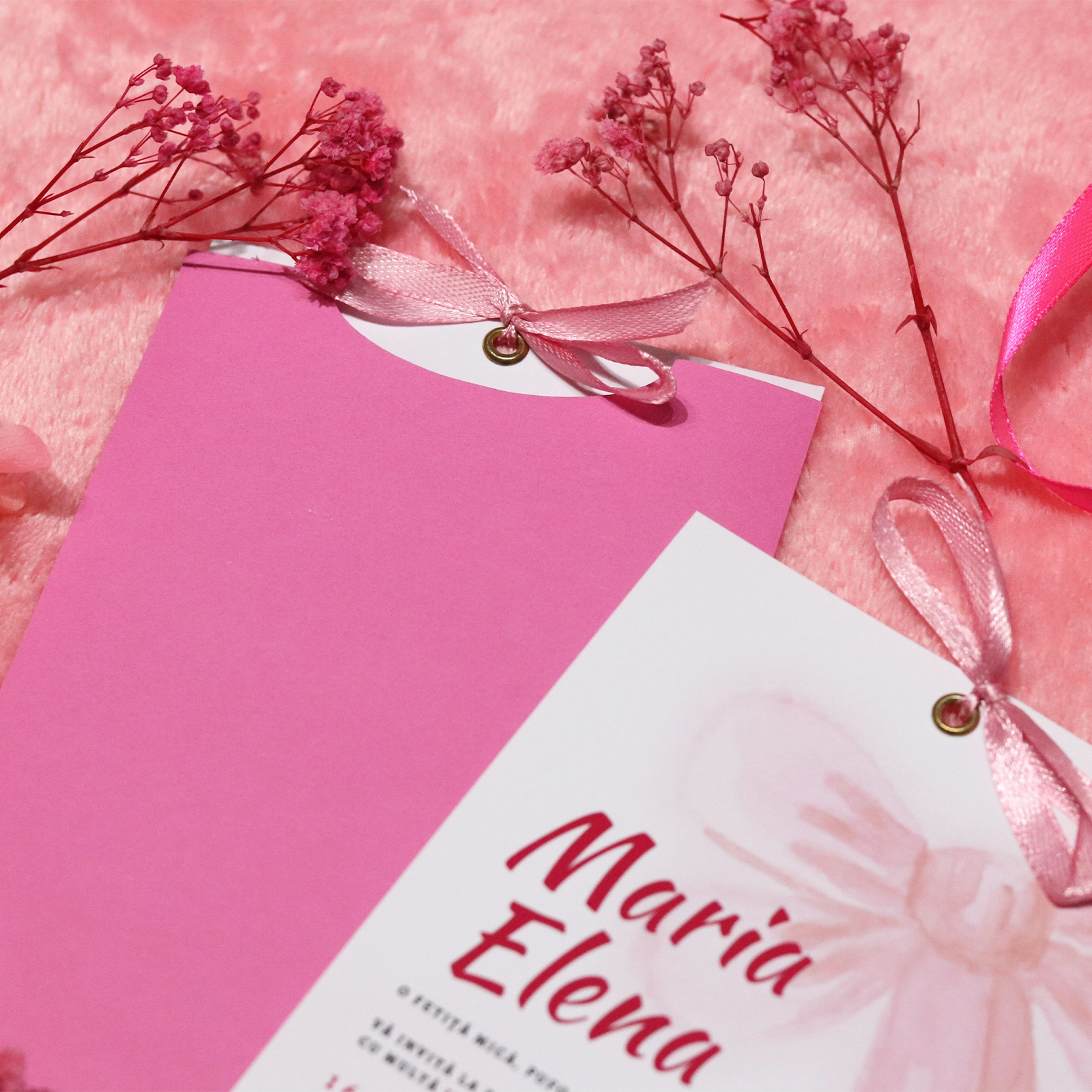 Invitație botez cu fundă și plic roz [2]