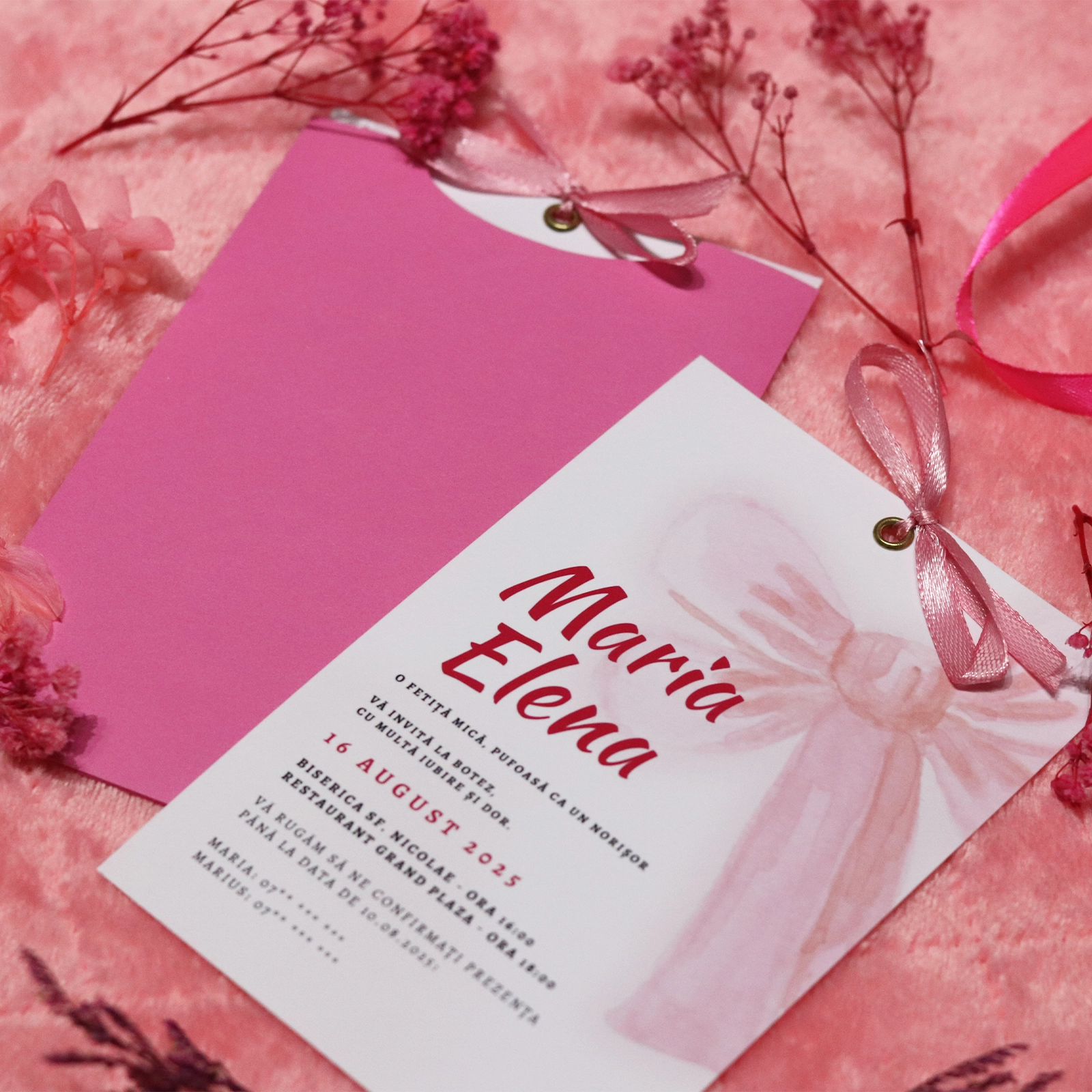 Invitație botez cu fundă și plic roz [1]