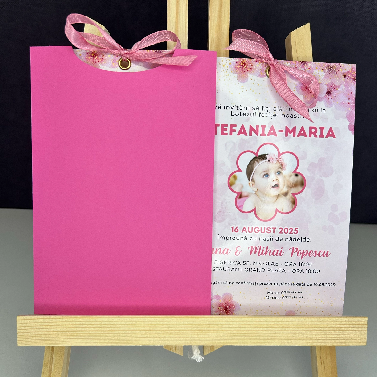 Invitații botez - Invitație botez cu plic roz și poză