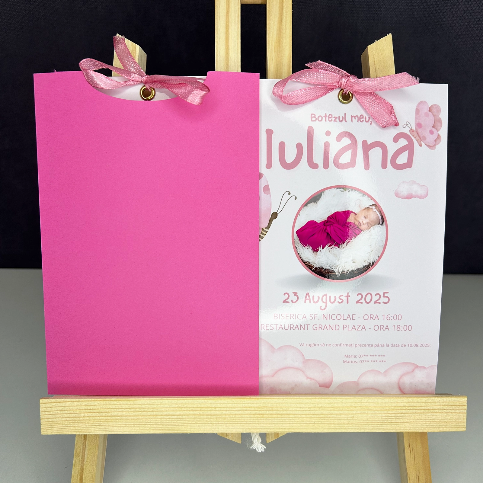 Invitații botez - Invitație botez cu poză, fluturi și plic