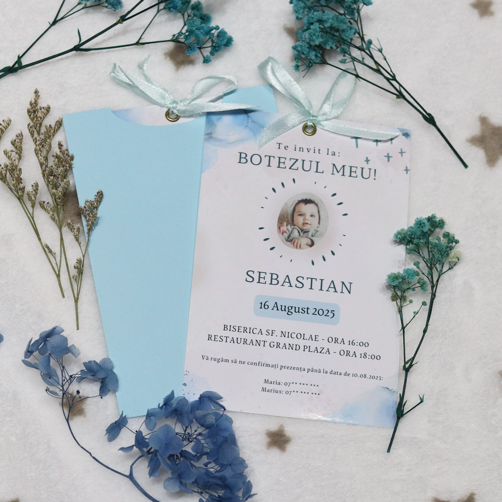 Invitații botez - Invitație botez cu poză și plic albastru