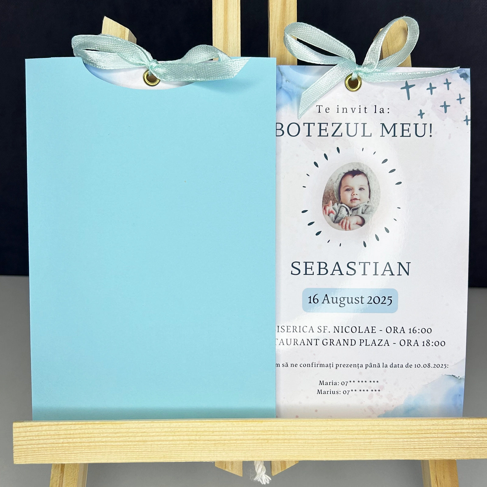 Invitații botez - Invitație botez cu poză și plic albastru