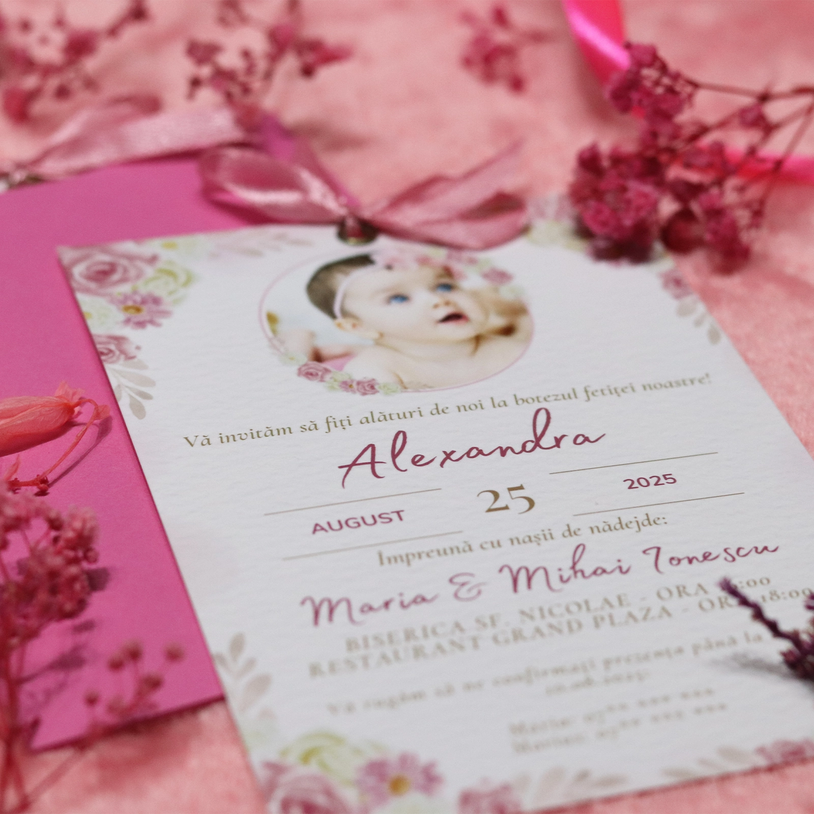 Invitație botez cu poză și plic roz [4]