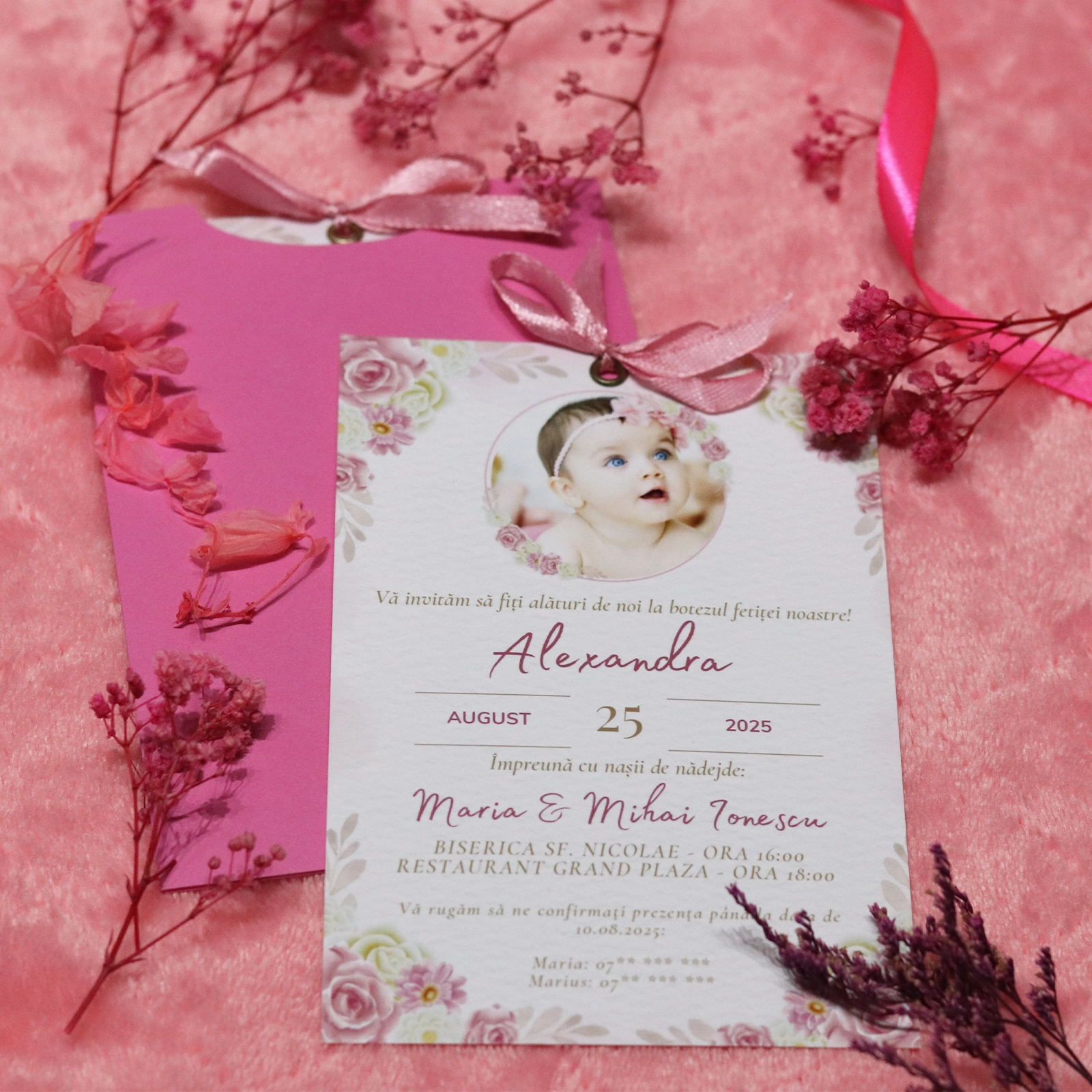 Invitații botez - Invitație botez cu poză și plic roz