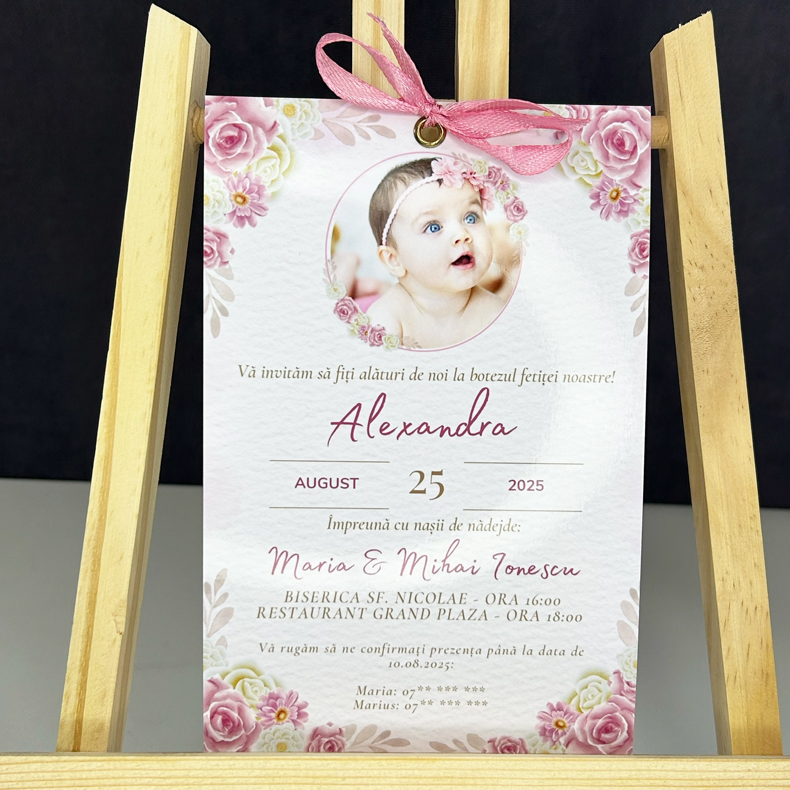 Invitație botez cu poză și plic roz [3]