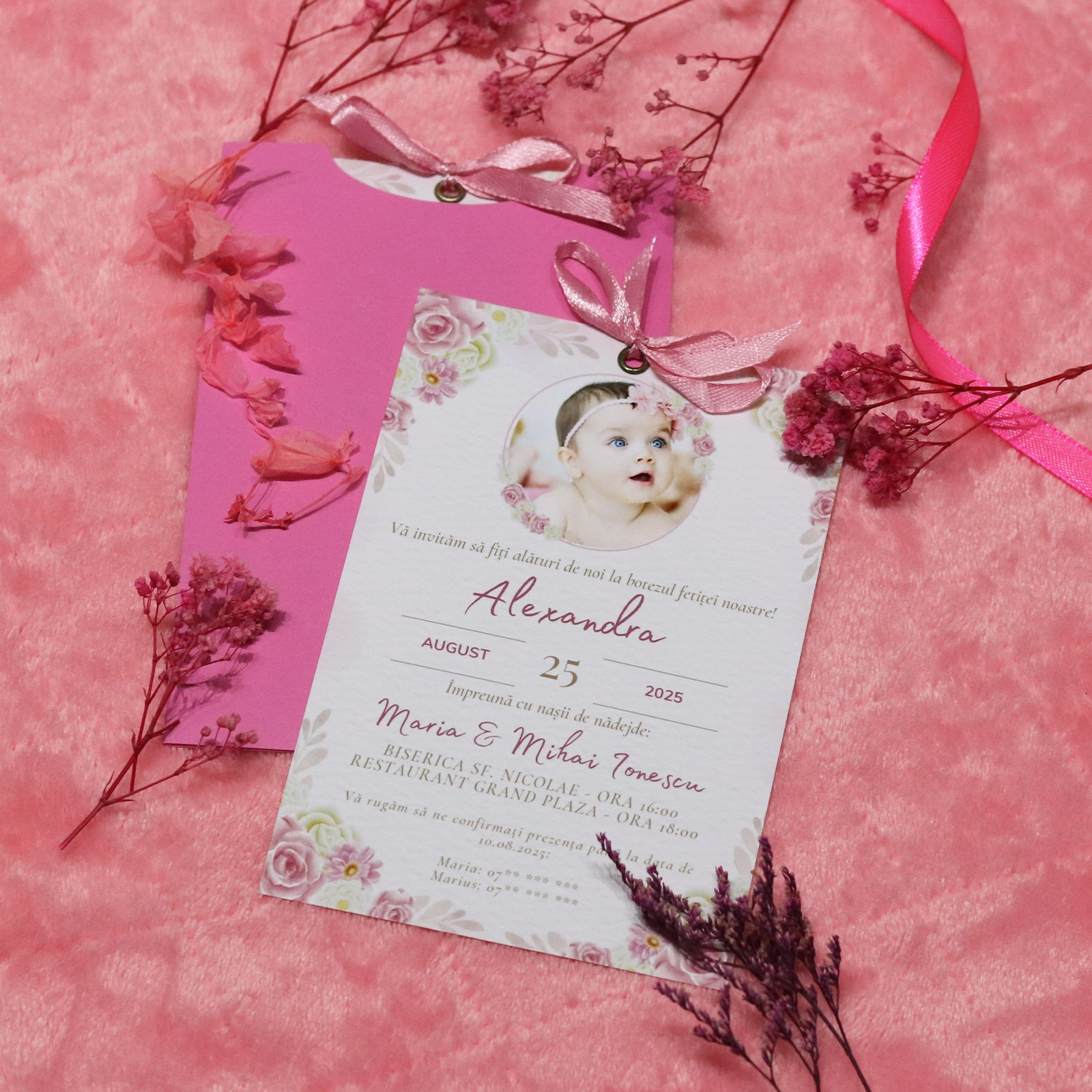 Invitație botez cu poză și plic roz [1]