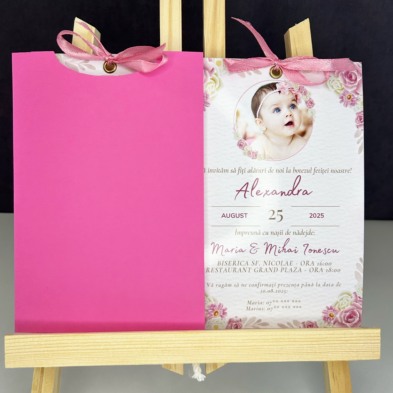 Invitații botez - Invitație botez cu poză și plic roz