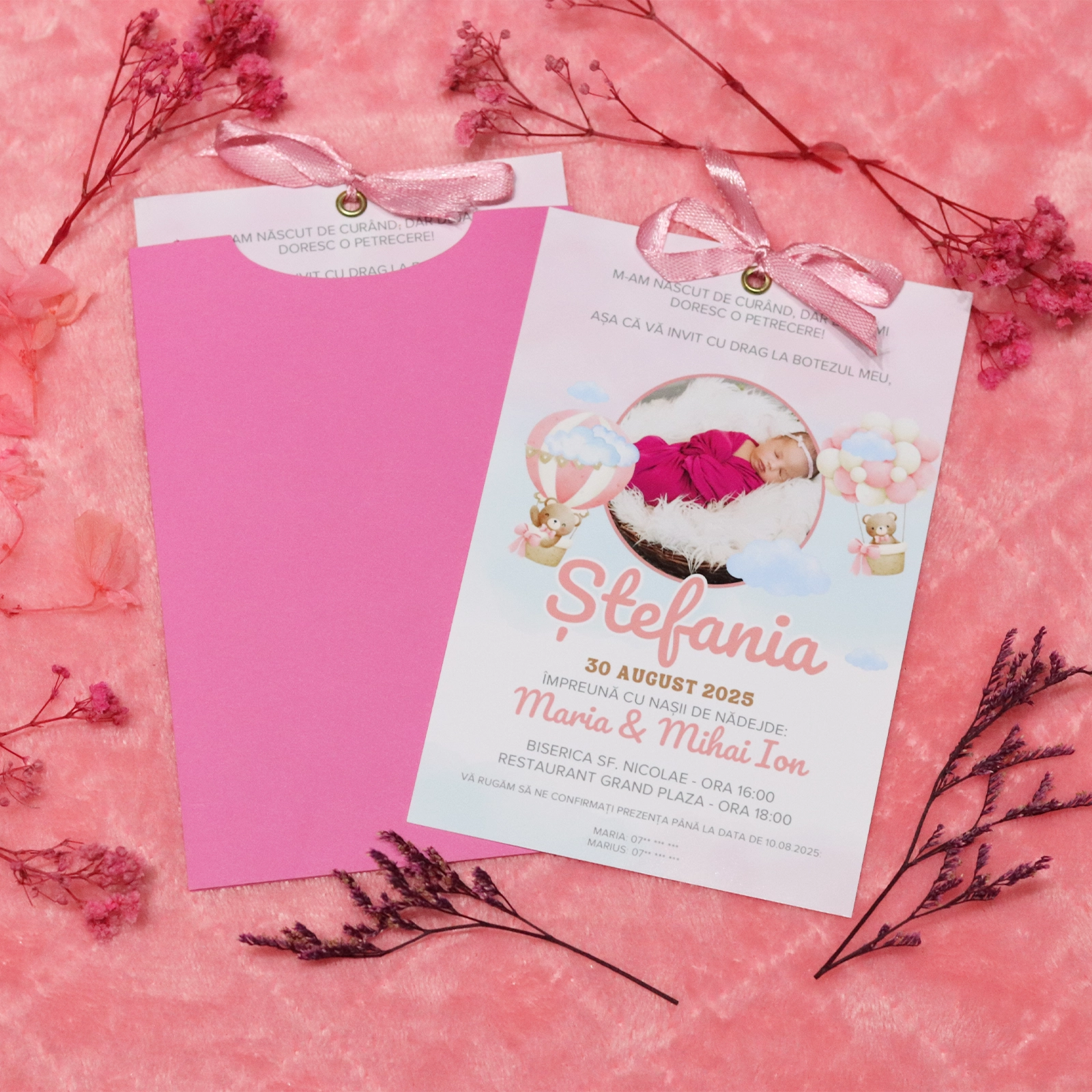 Invitații botez - Invitație botez roz cu poză și plic