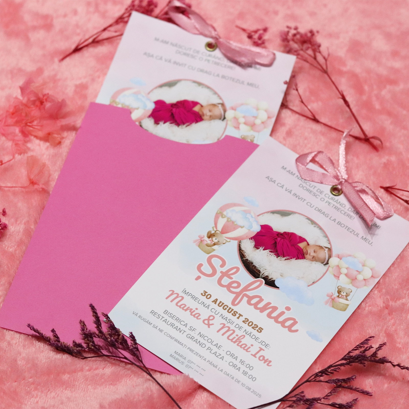 Invitație botez roz cu poză și plic [5]