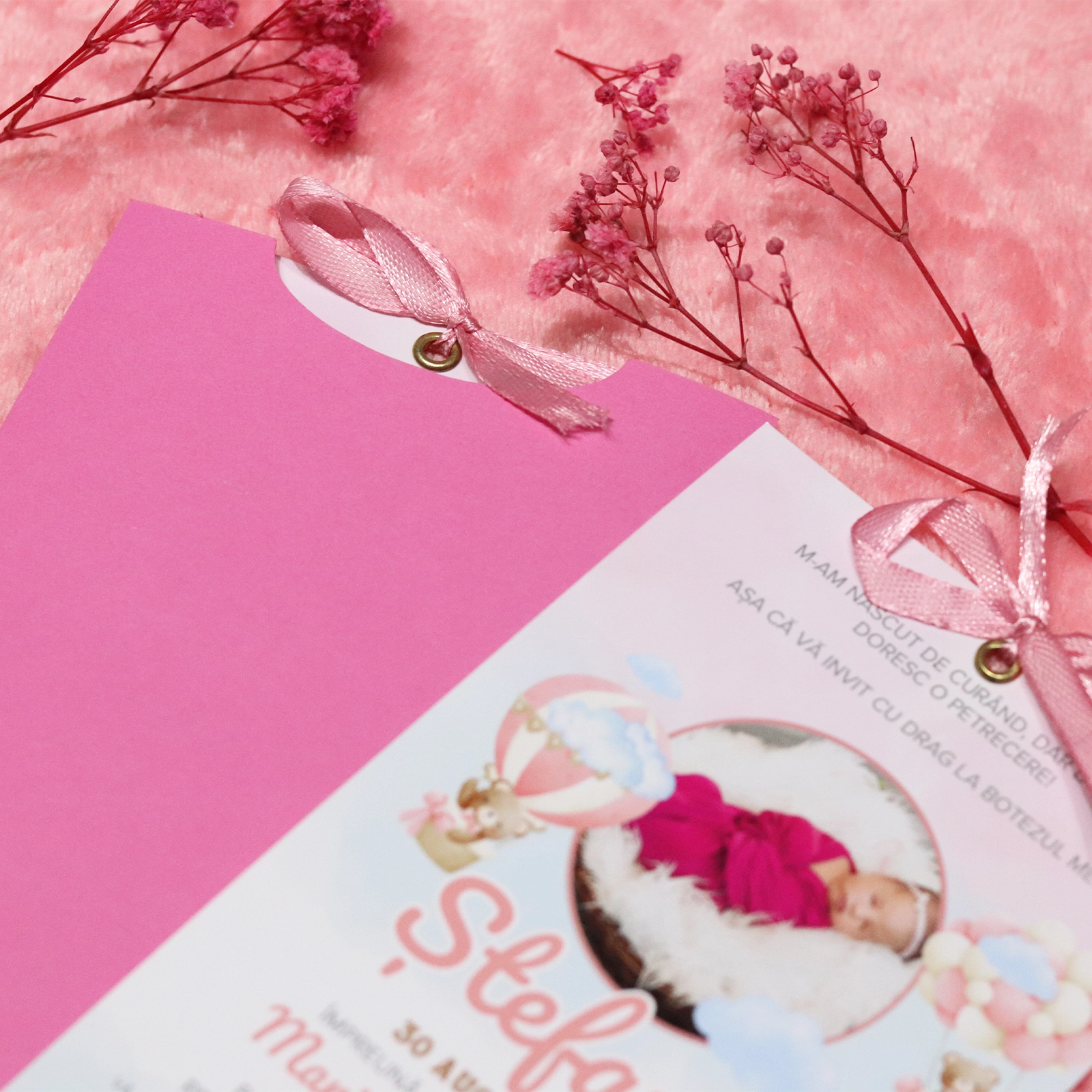 Invitație botez roz cu poză și plic [3]