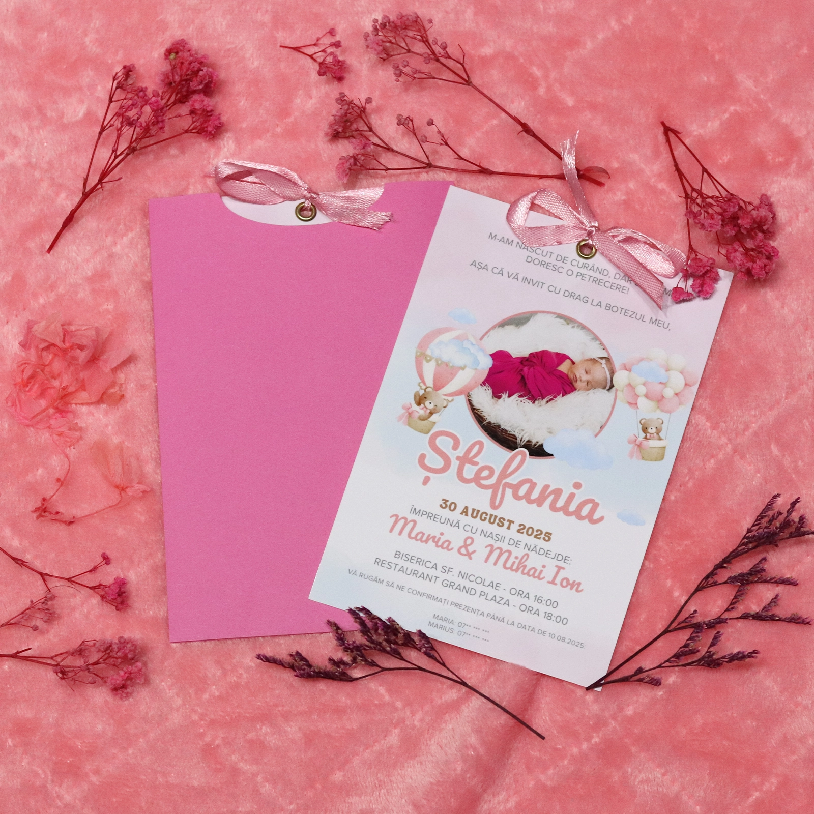 Invitație botez roz cu poză și plic [1]