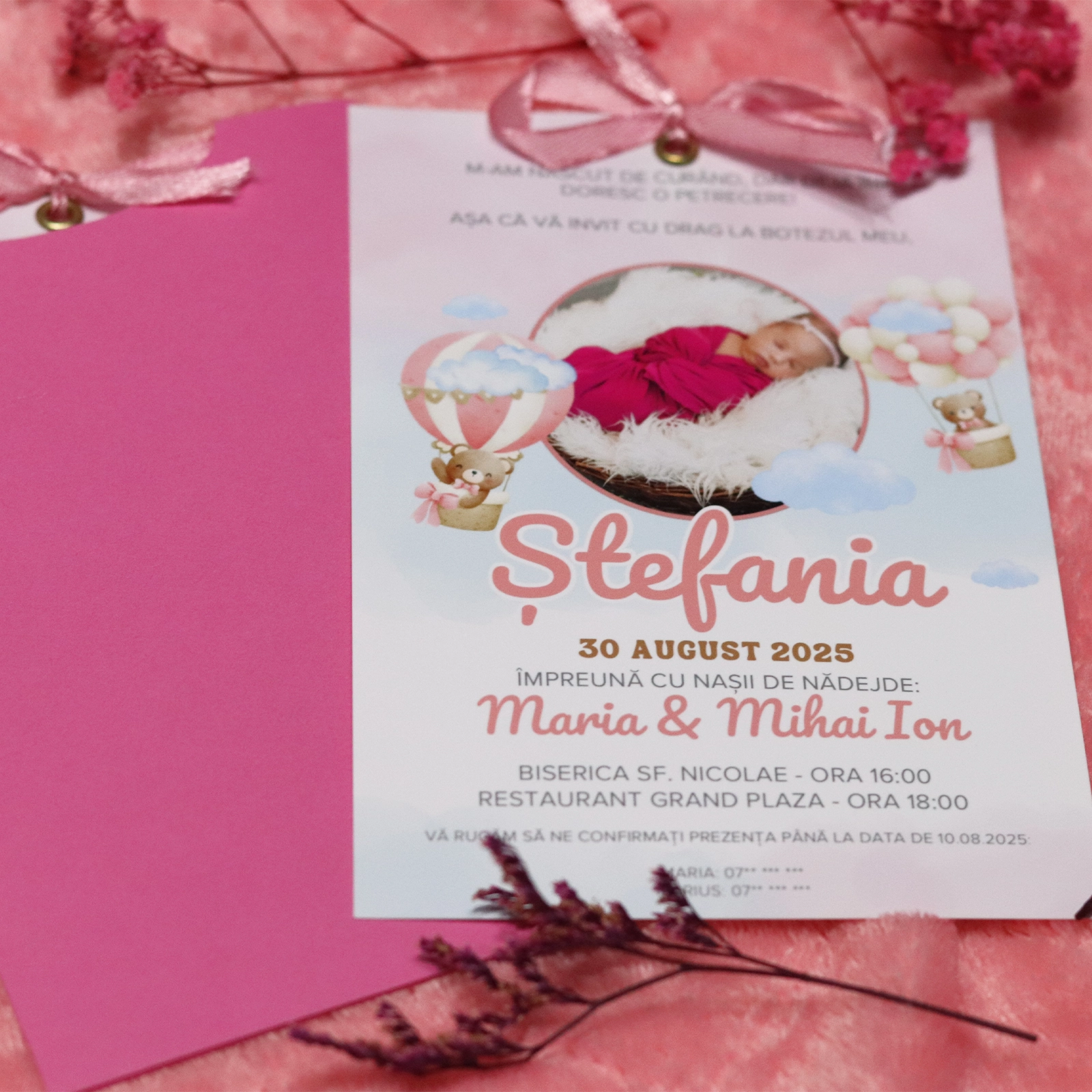 Invitație botez roz cu poză și plic [4]