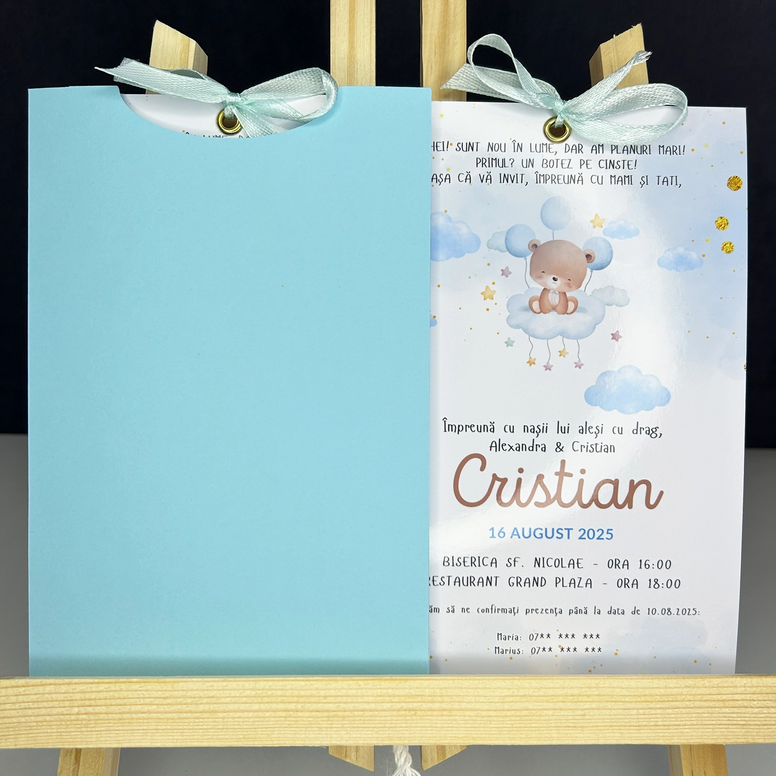 Invitații botez - Invitație botez cu ursuleț și plic albastru