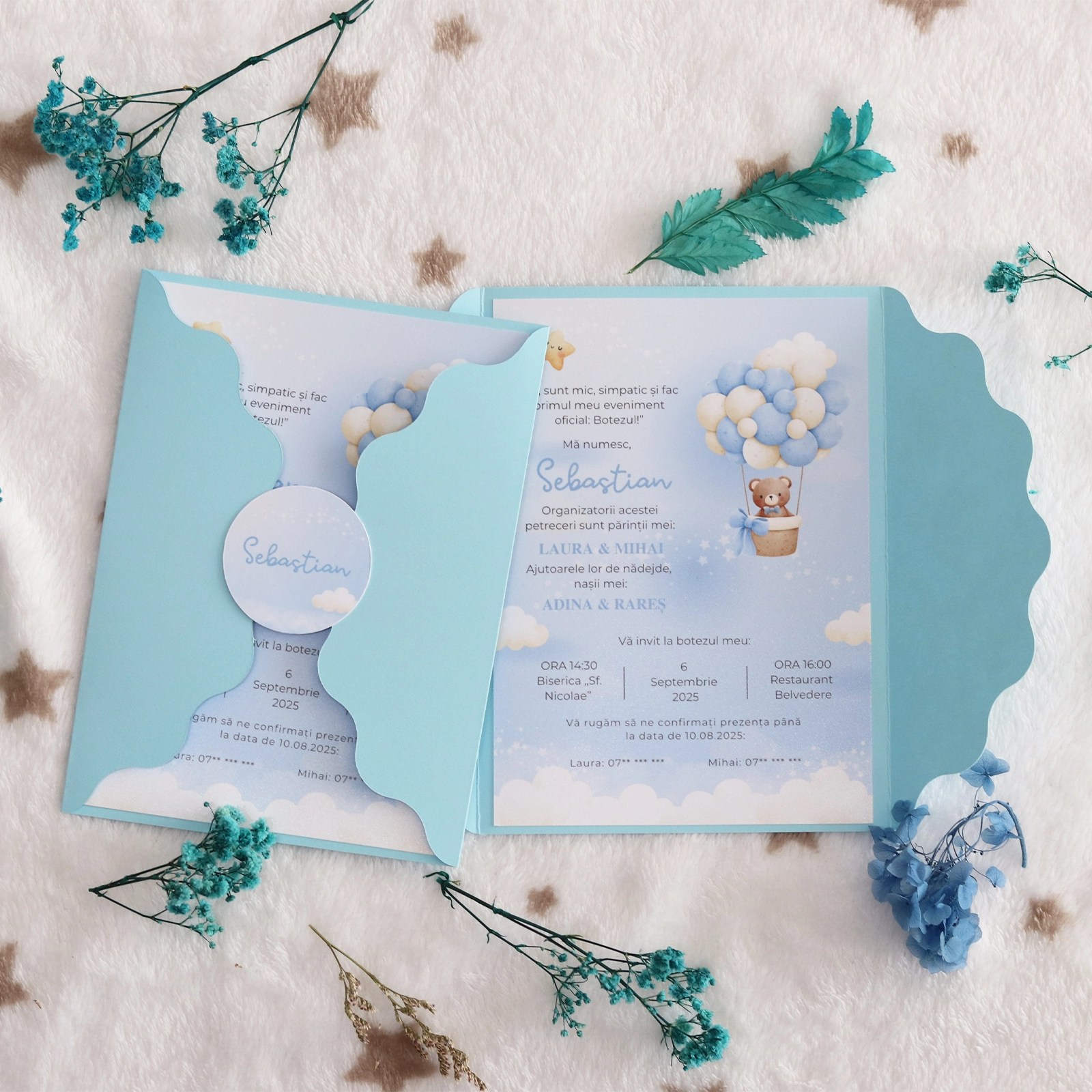 Invitații botez - Invitație botez cu ursuleț și plic albastru