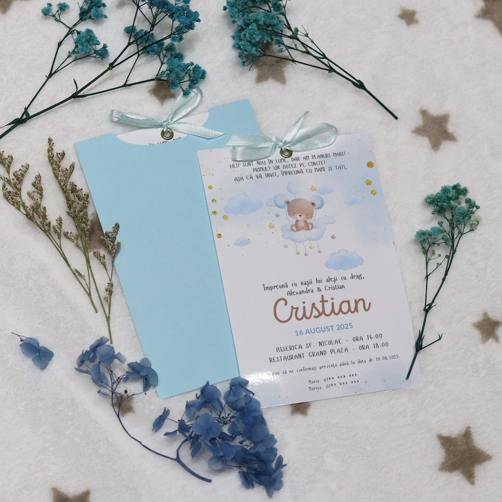 Invitații botez - Invitație botez cu ursuleț și plic albastru