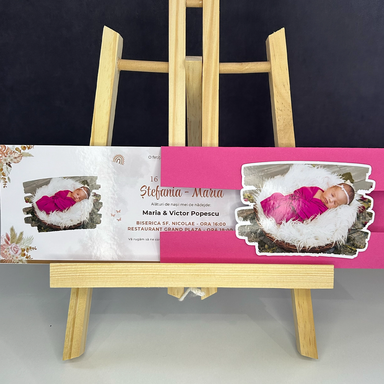 Invitații botez - Invitație botez, model floral cu poză