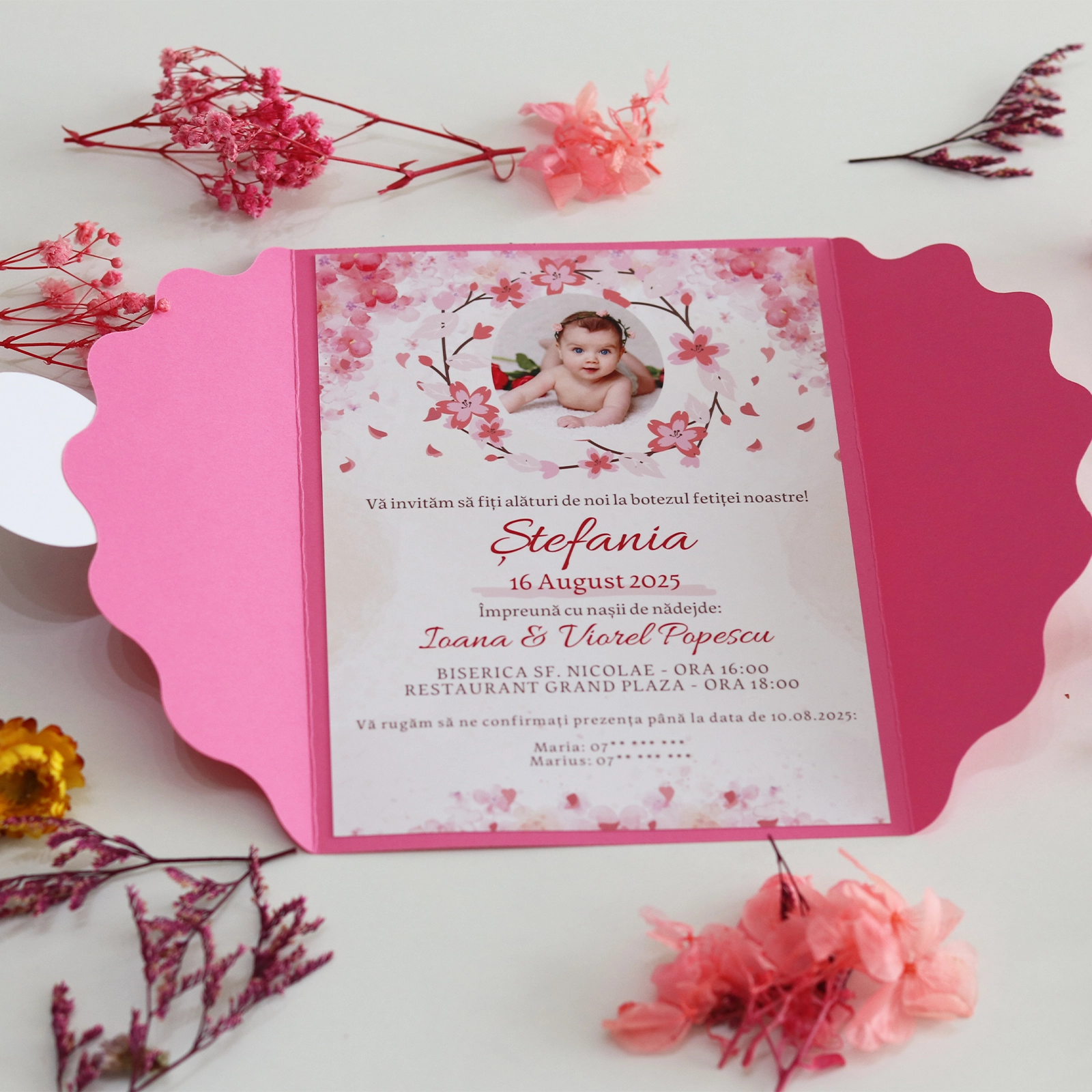 Invitație botez model floral roz cu plic [3]