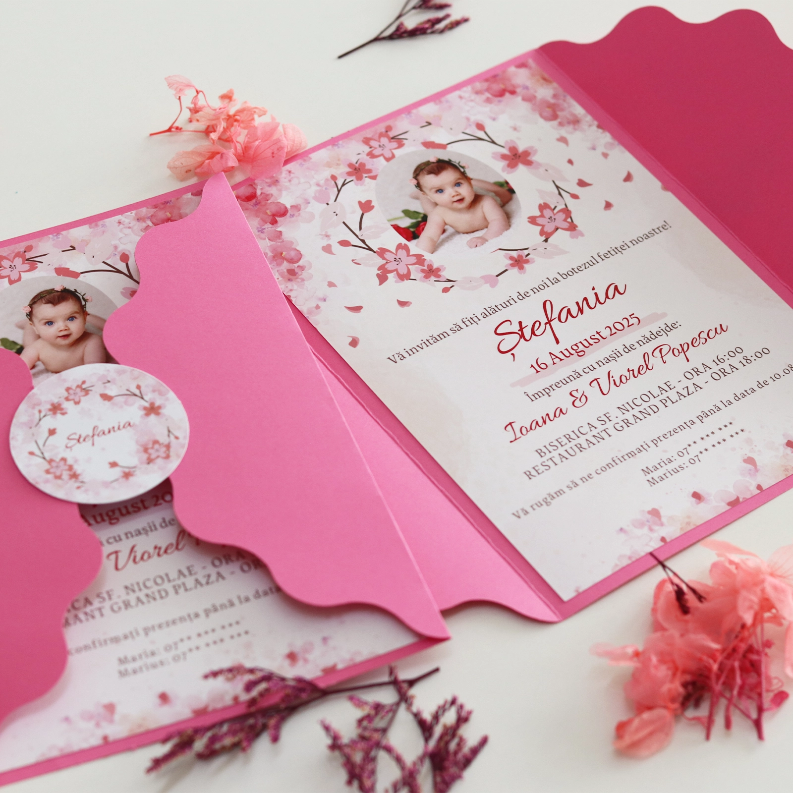Invitație botez model floral roz cu plic [1]