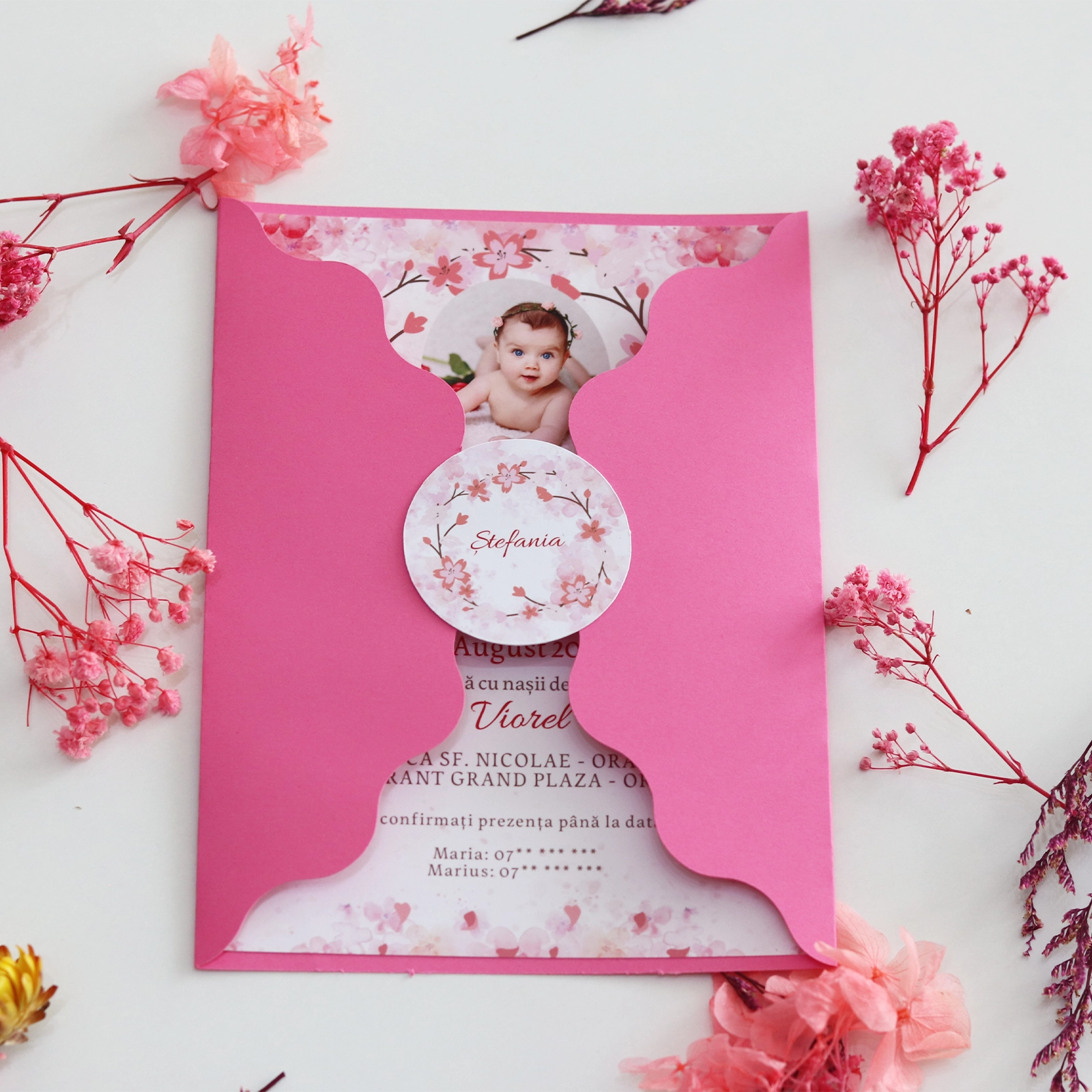 Invitație botez model floral roz cu plic [5]
