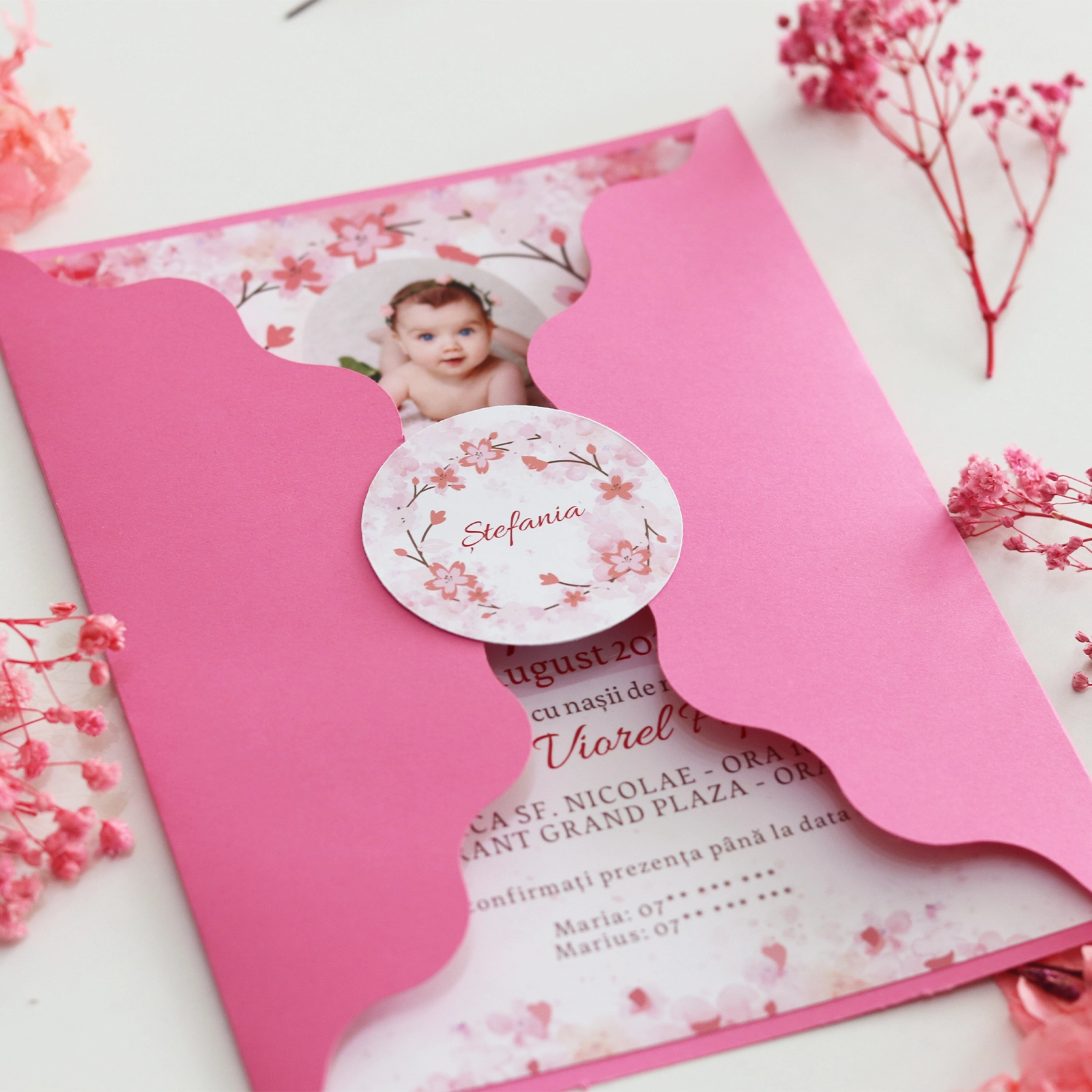 Invitație botez model floral roz cu plic [6]