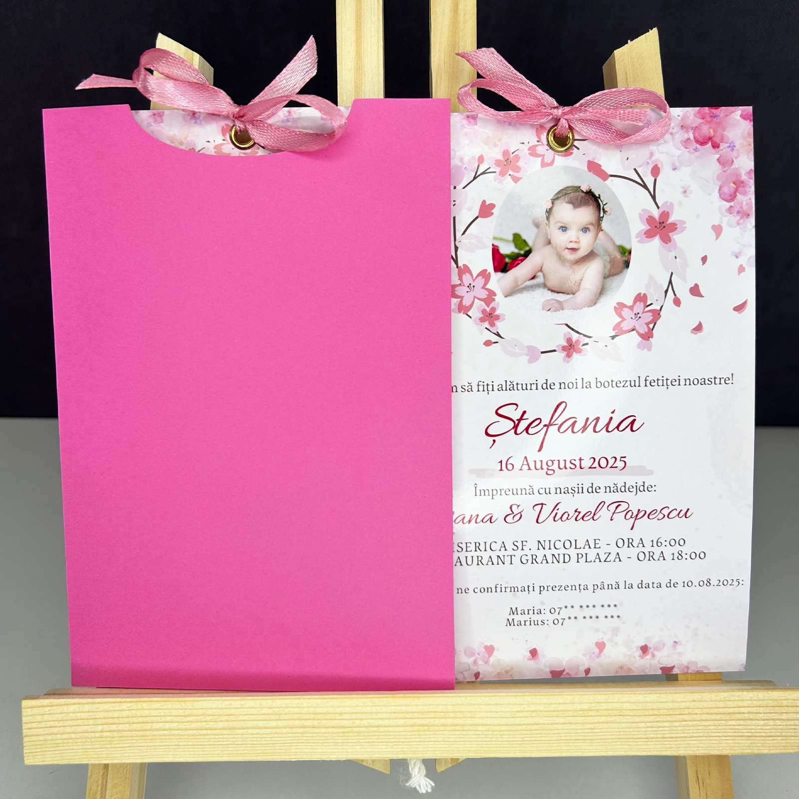 Invitații botez - Invitație botez roz cu poză și plic