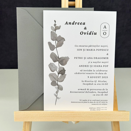 Invitații nuntă - Invitație de nuntă cu motiv floral și inițiale