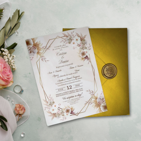 Invitații nuntă - Invitație de nuntă, design floral cu plic auriu