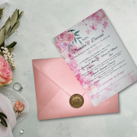 Invitații nuntă - Invitație de nuntă, design floral cu plic roz sidef