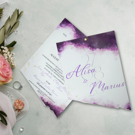 Invitații nuntă - Invitație de nuntă elegentă, dublă, culoare mov