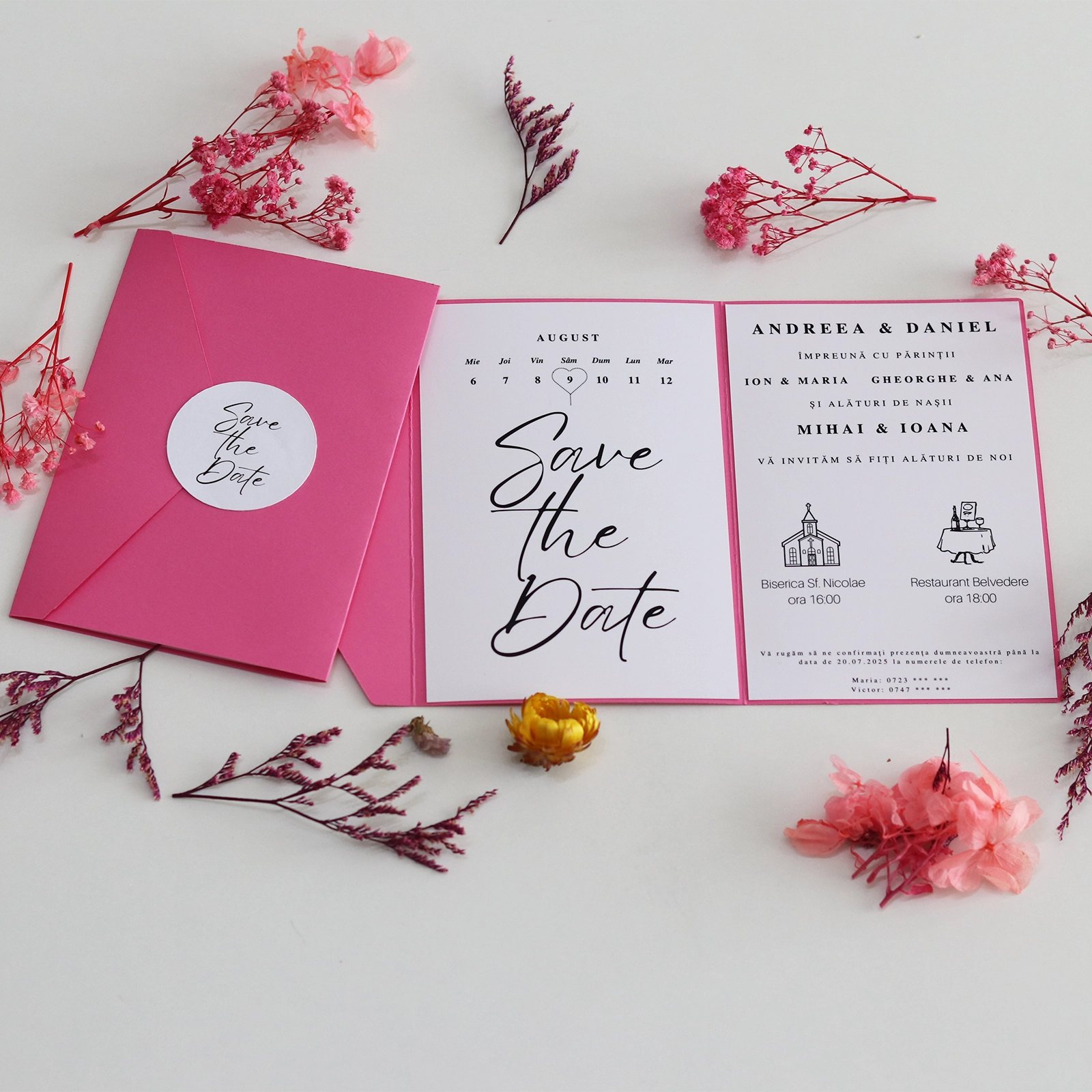 Invitații nuntă - Invitație de nuntă minimalistă, pliabilă, cu toc roșu