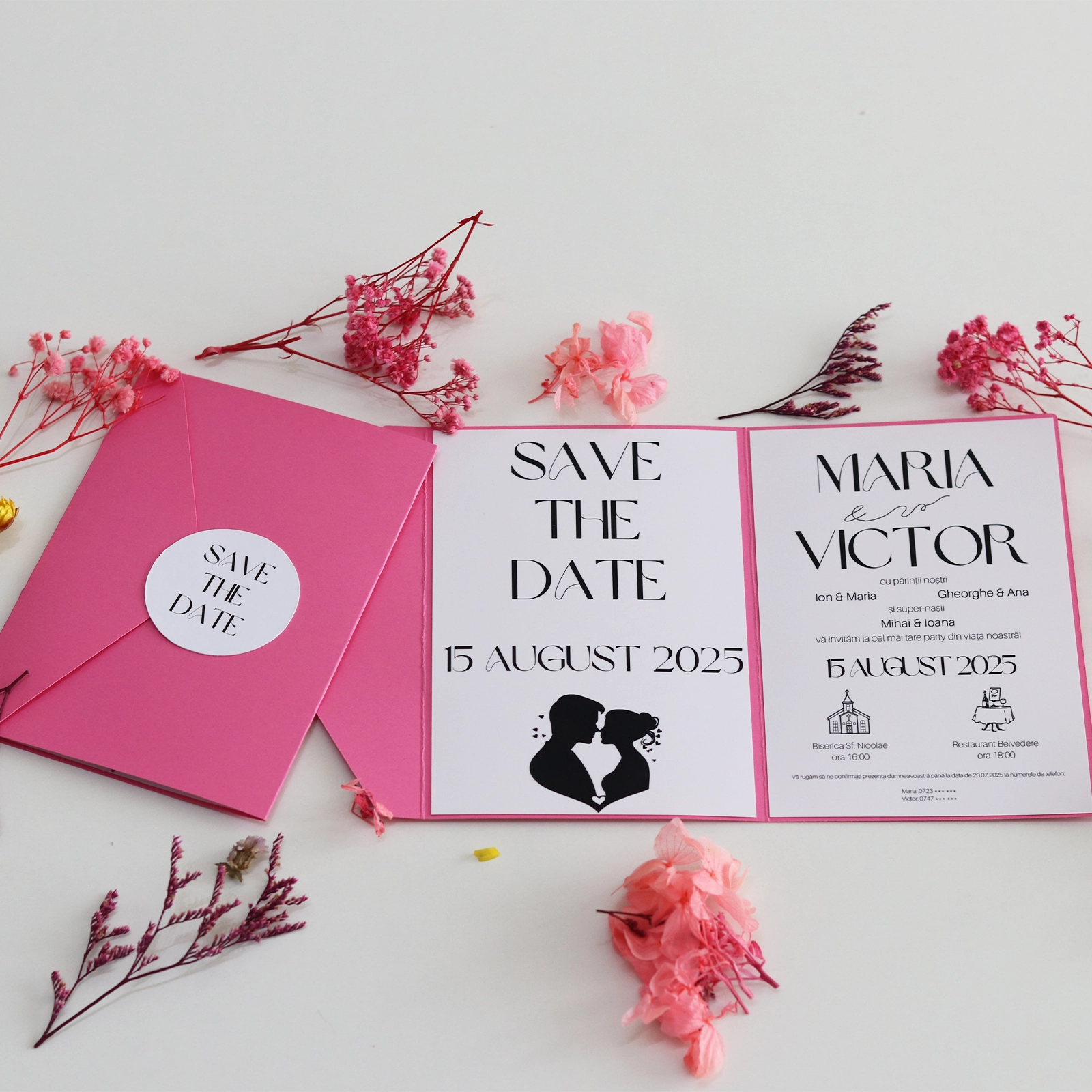 Invitații nuntă - Invitație de nuntă minimalistă, pliabilă, cu toc roz