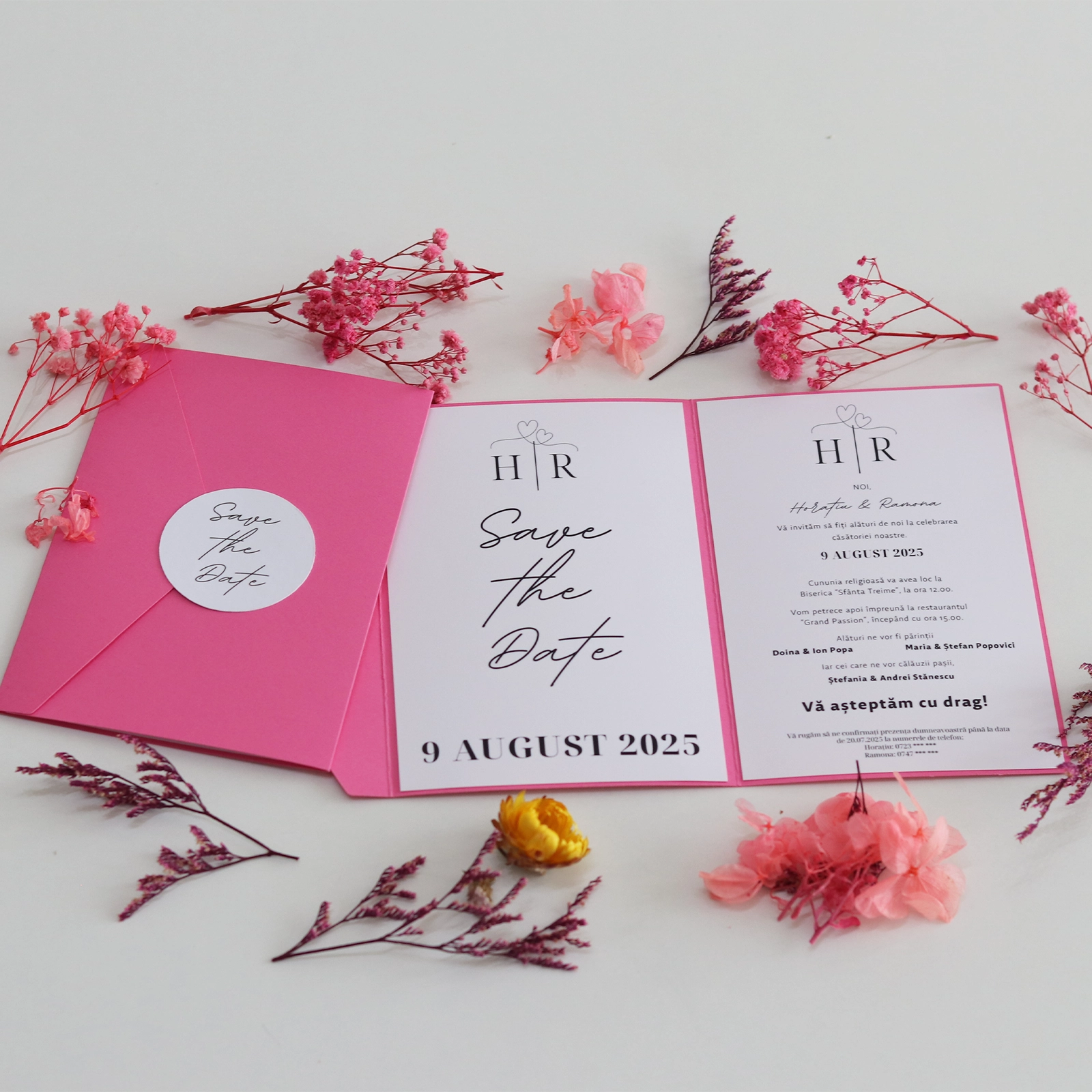 Invitații nuntă - Invitație de nuntă pliabilă cu toc roz