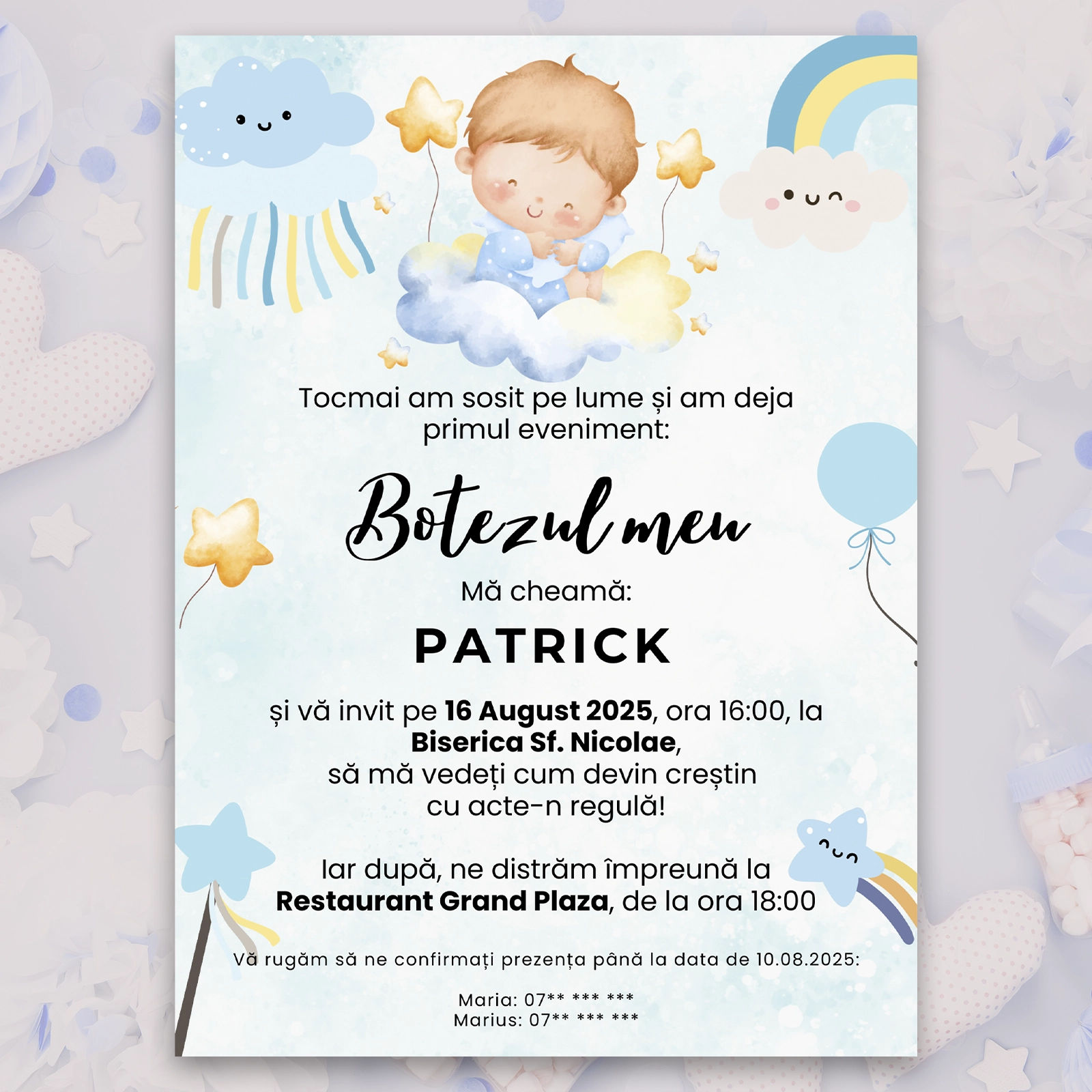 Invitație digitală botez, albastră cu ilustrație [1]