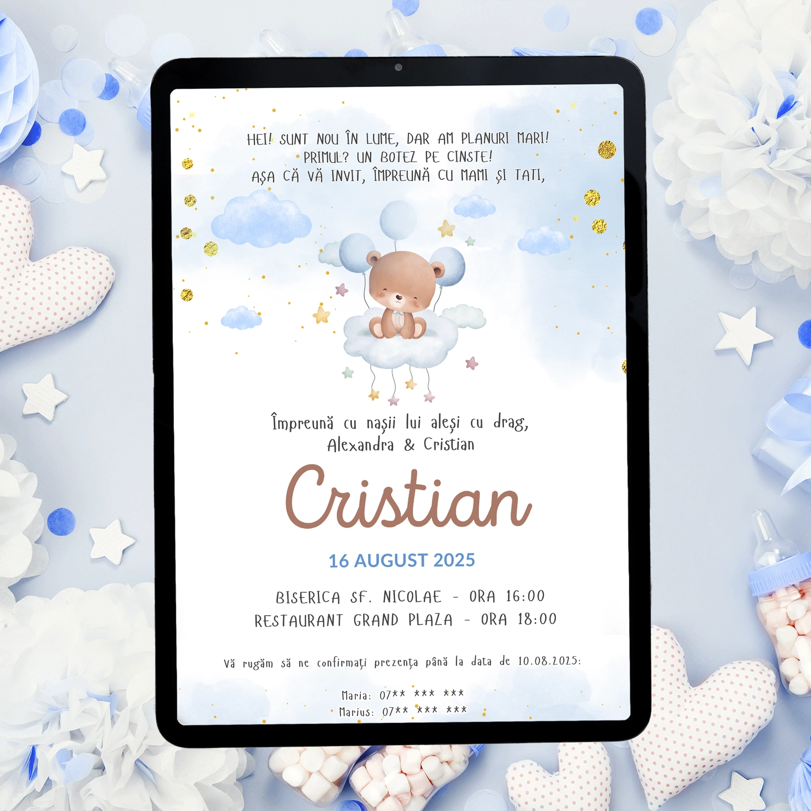 Invitații digitale botez - Invitație digitală botez, albastră cu urs și baloane
