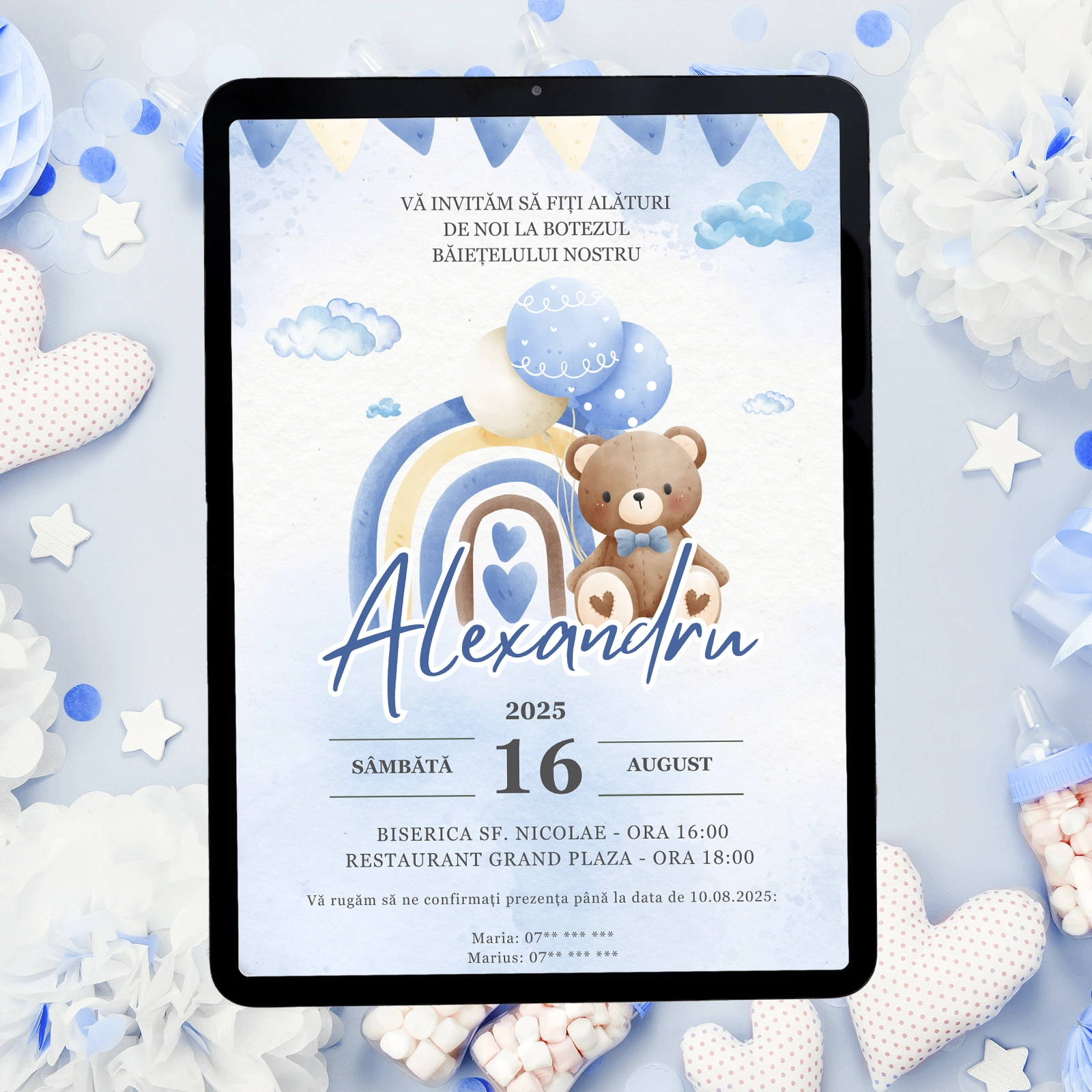 Invitații digitale botez - Invitație digitală botez, albastră cu ursuleț