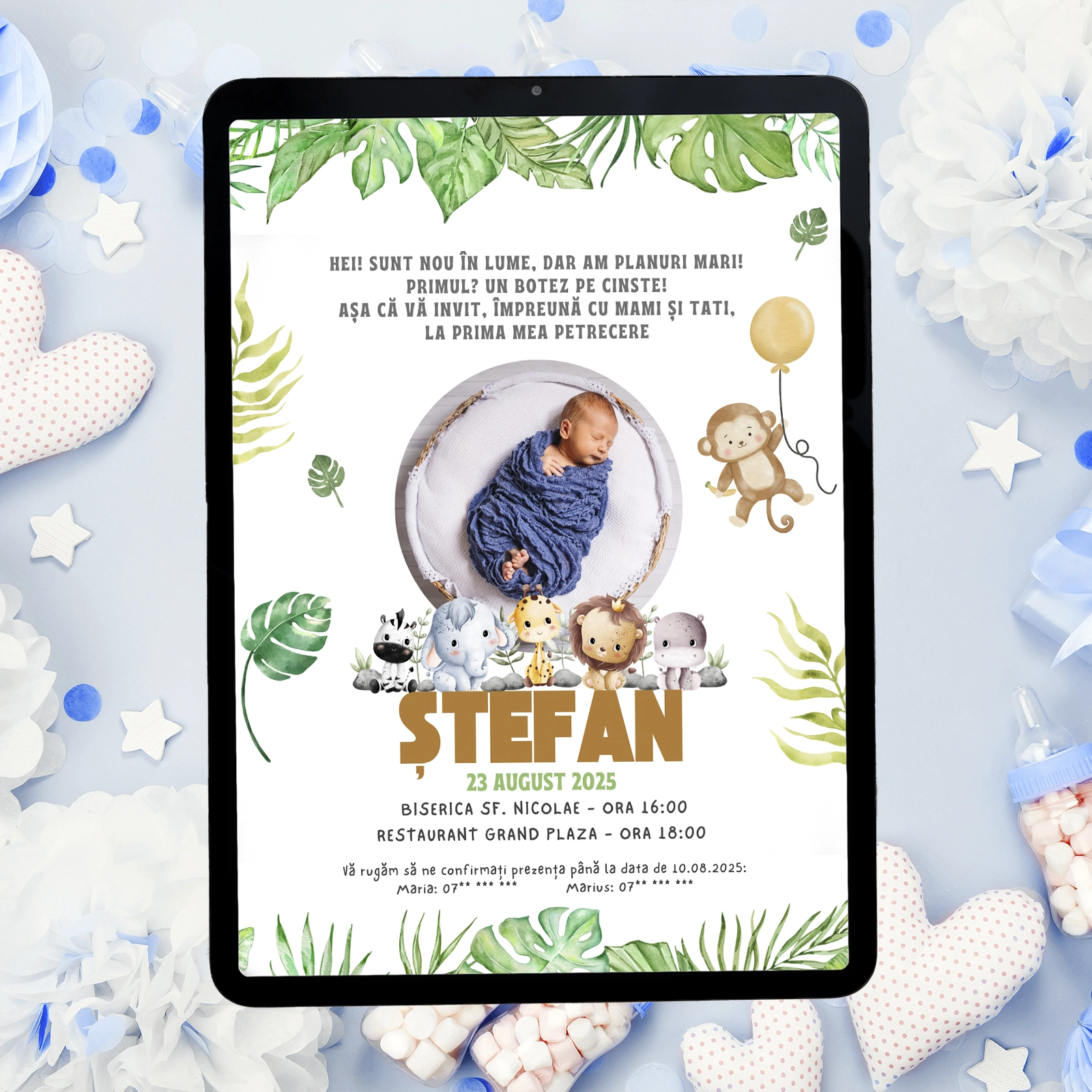 Invitații digitale botez - Invitație digitală botez cu desene și poză