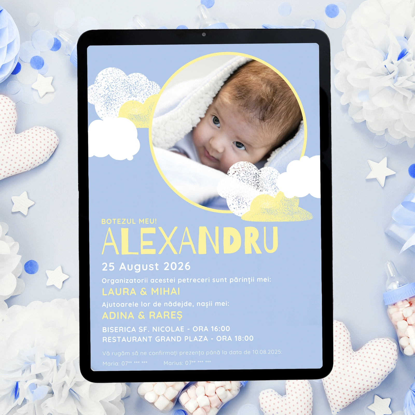 Invitații digitale botez - Invitație digitală botez cu poză, albastră cu galben
