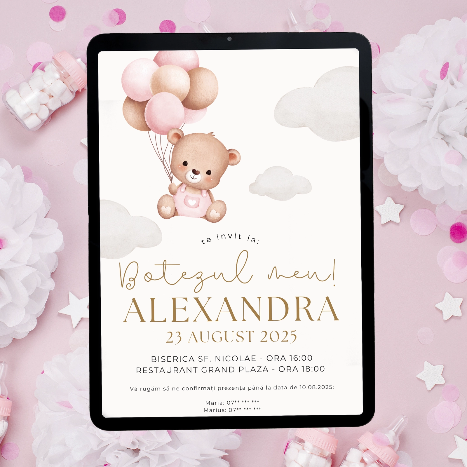 Invitații digitale botez - Invitație digitală botez cu ursuleț și baloane