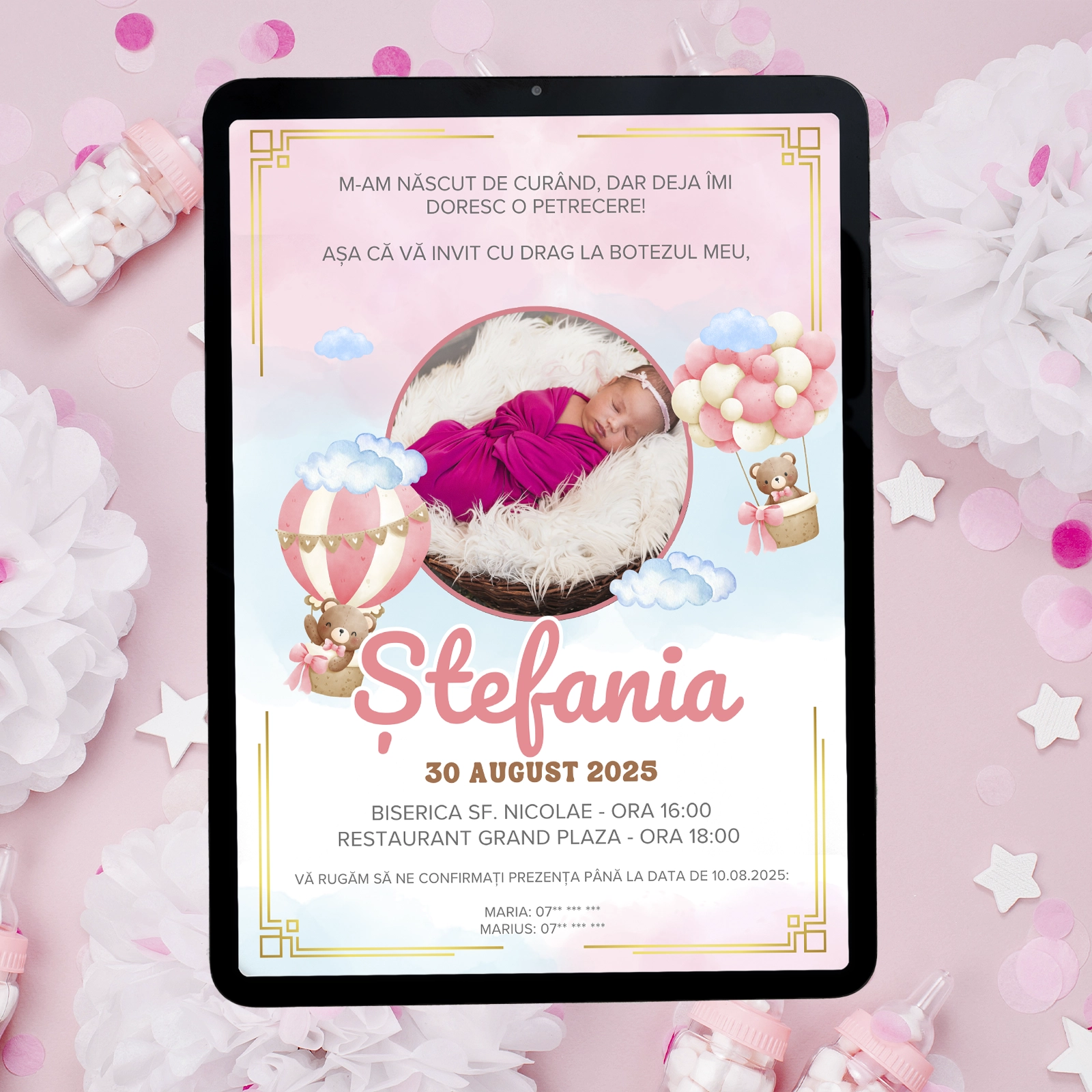 Invitații digitale botez - Invitație digitală botez cu ursuleți și poză