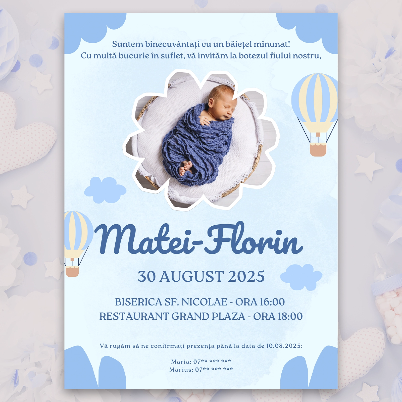 Invitație digitală botez, model albastru cu poză [1]