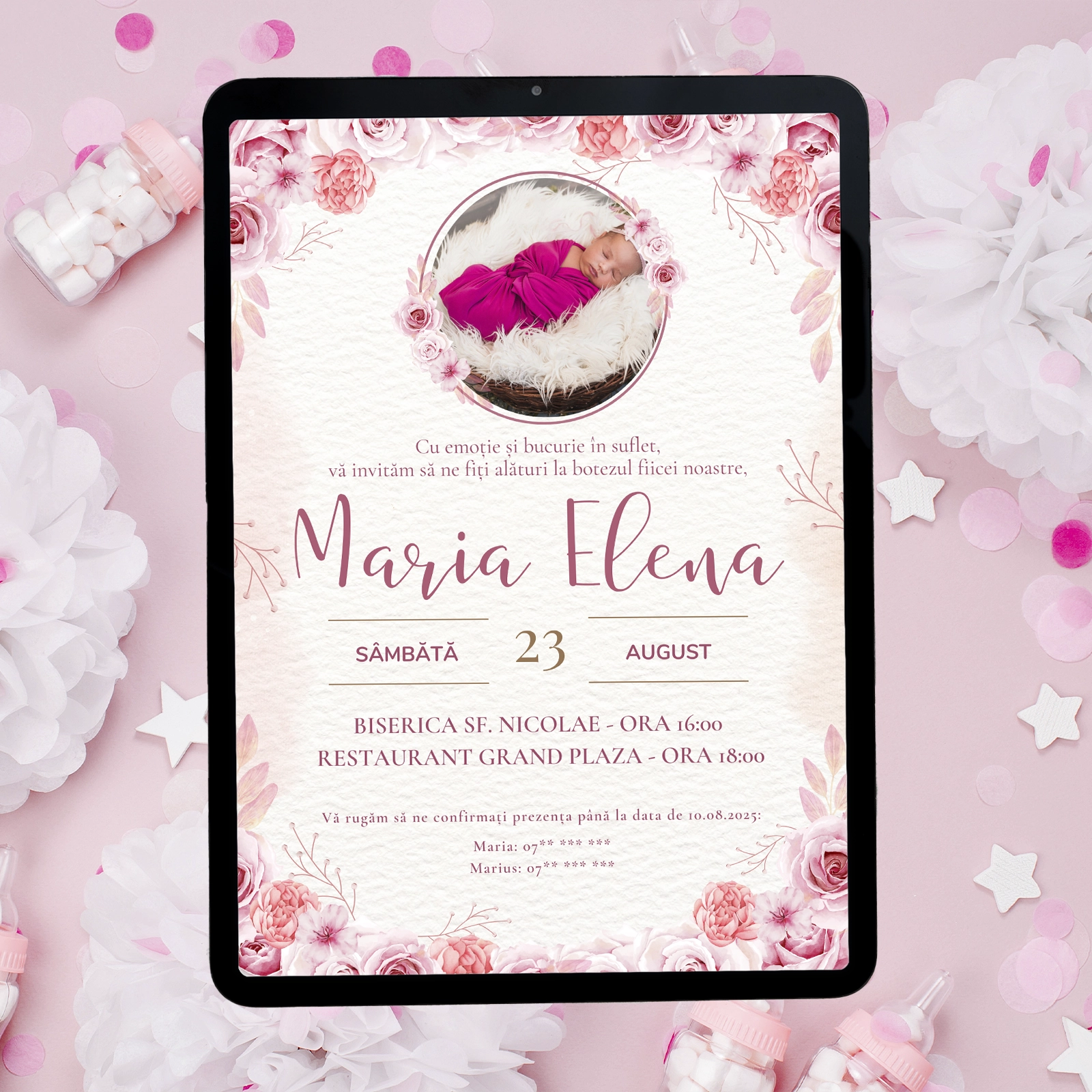 Invitații digitale botez - Invitație digitală botez, model floral roz cu poză