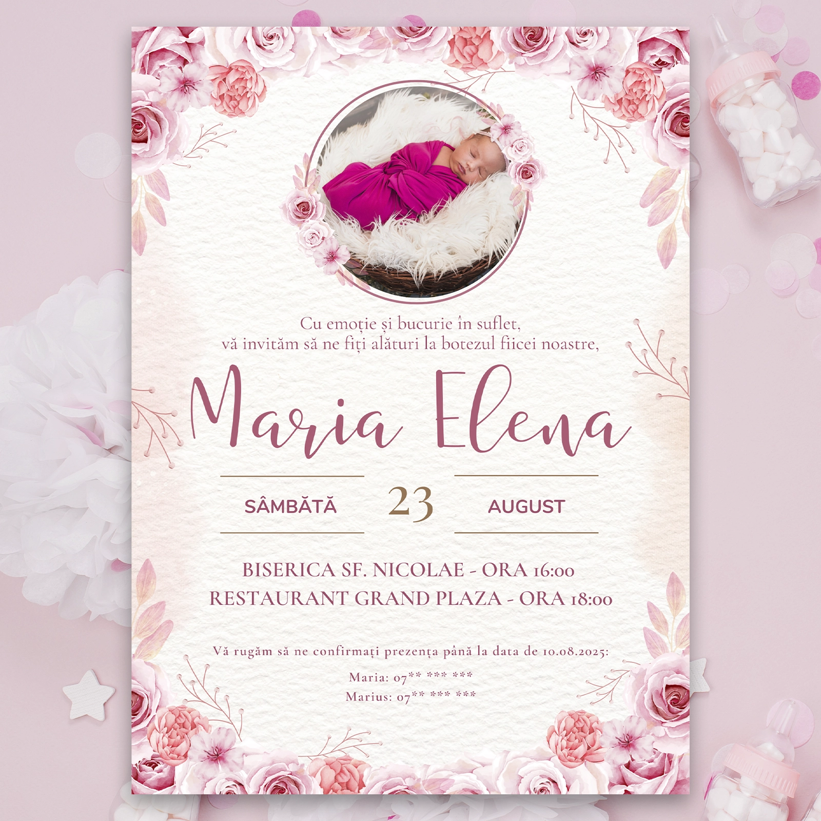 Invitație digitală botez, model floral roz cu poză [1]