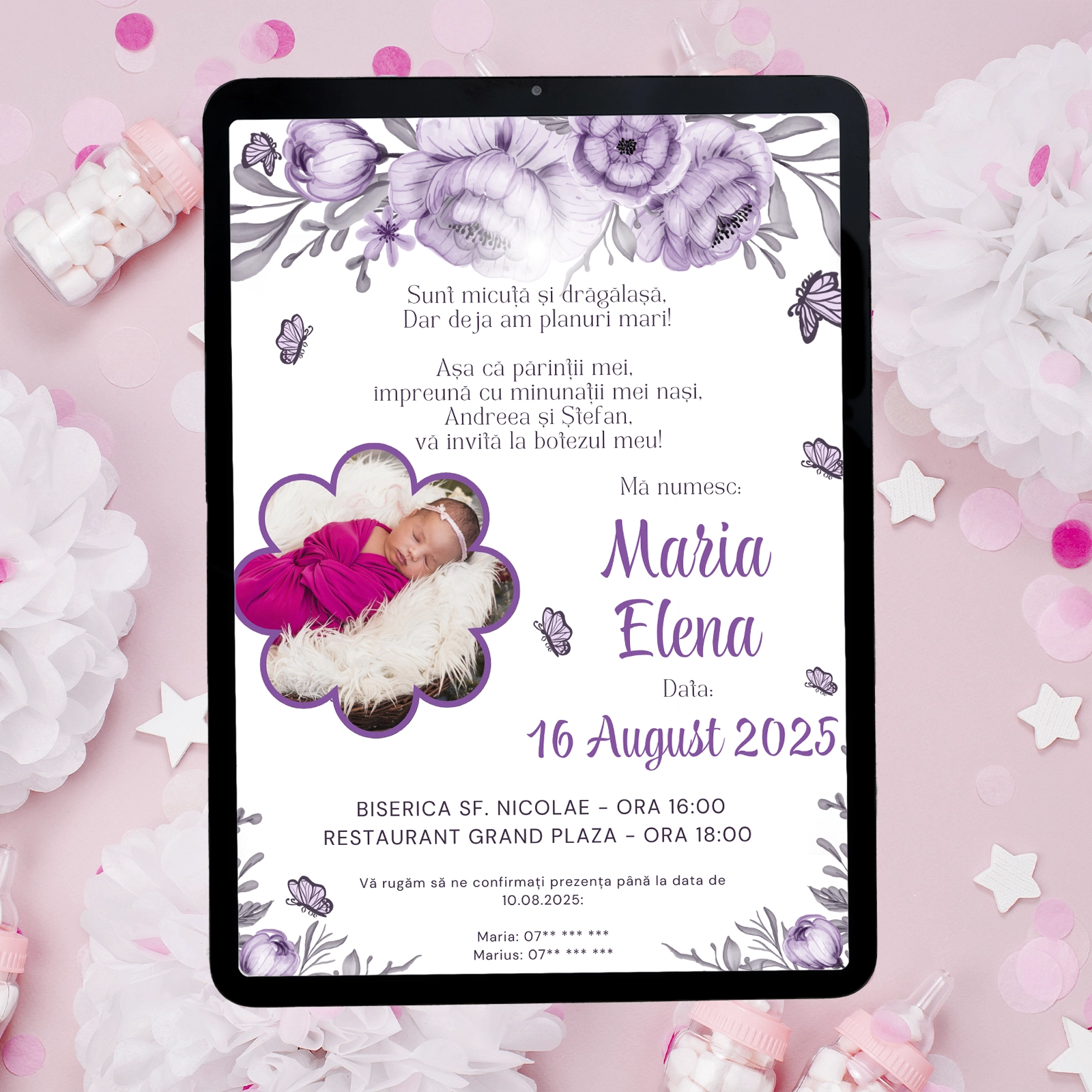 Invitații digitale botez - Invitație digitală botez, mov cu poză