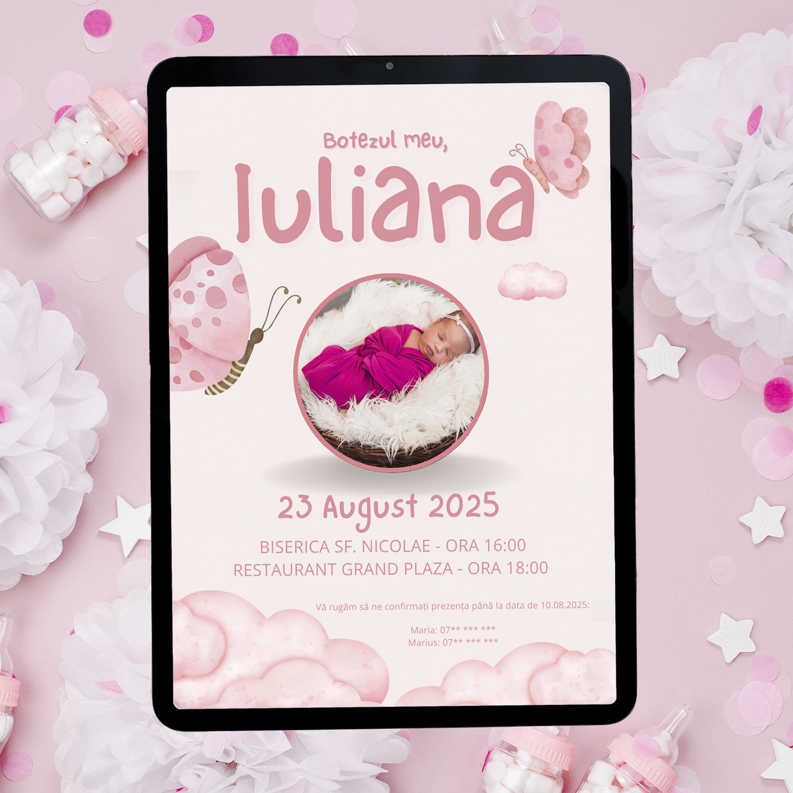 Invitații digitale botez - Invitație digitală botez, roz cu fluturi