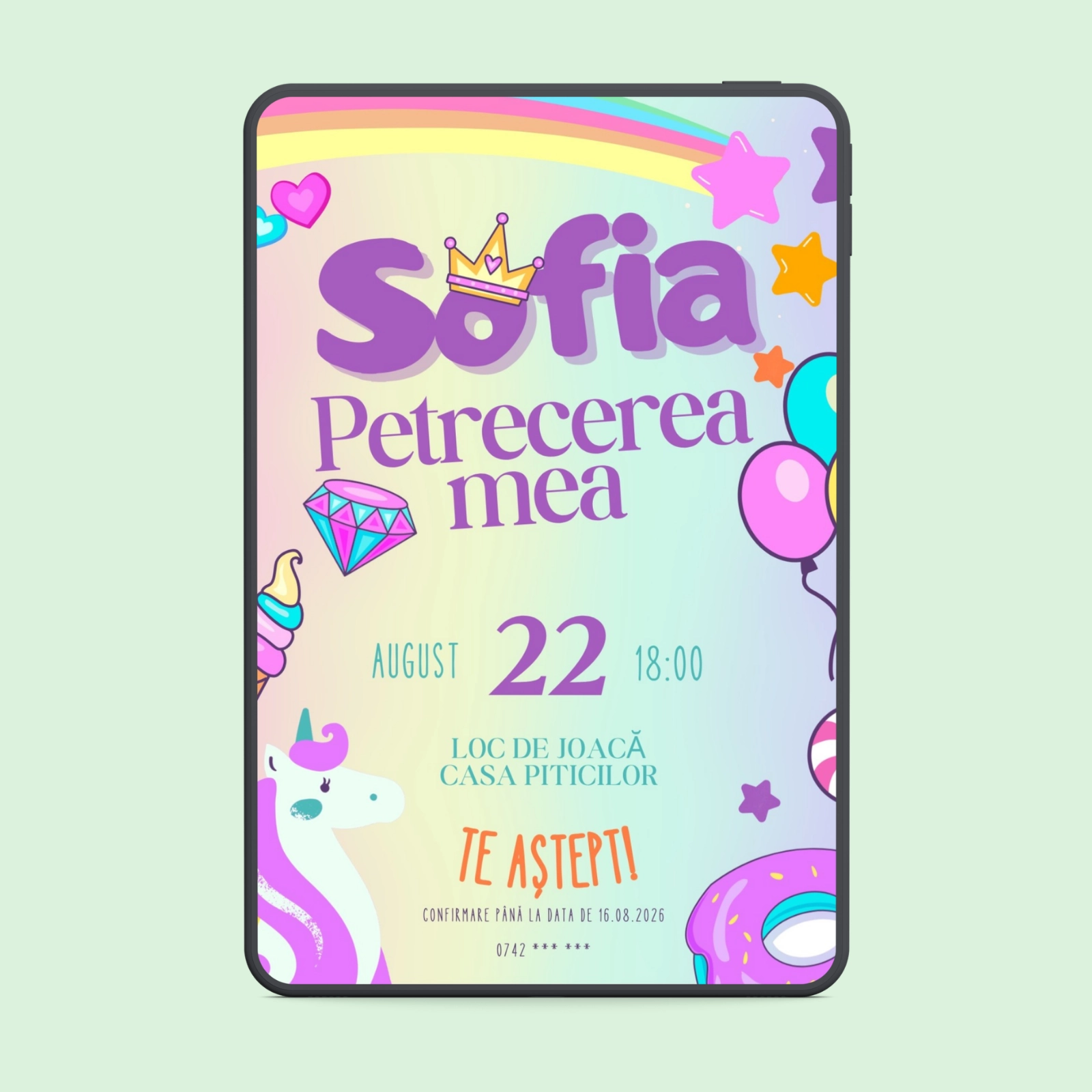 Zi de naștere - Invitație digitală cu unicorn pentru zi de naștere